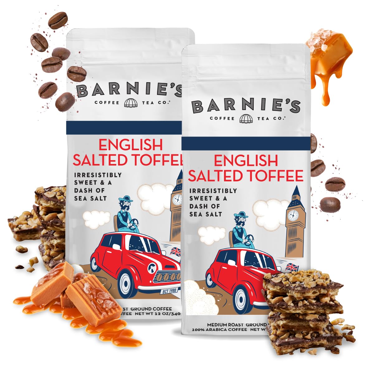 Barnie's Coffee English Salted Toffee Ground Coffee with Caramel, Molasses and Salted Creamy Butter Flavors, Medium Roasted Arabica Coffee Beans