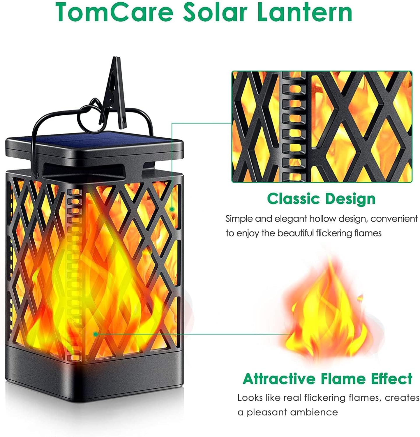 TomCare Solar Lanterns Outdoor, Flickering Flame Hanging Lights, 2 Pack
