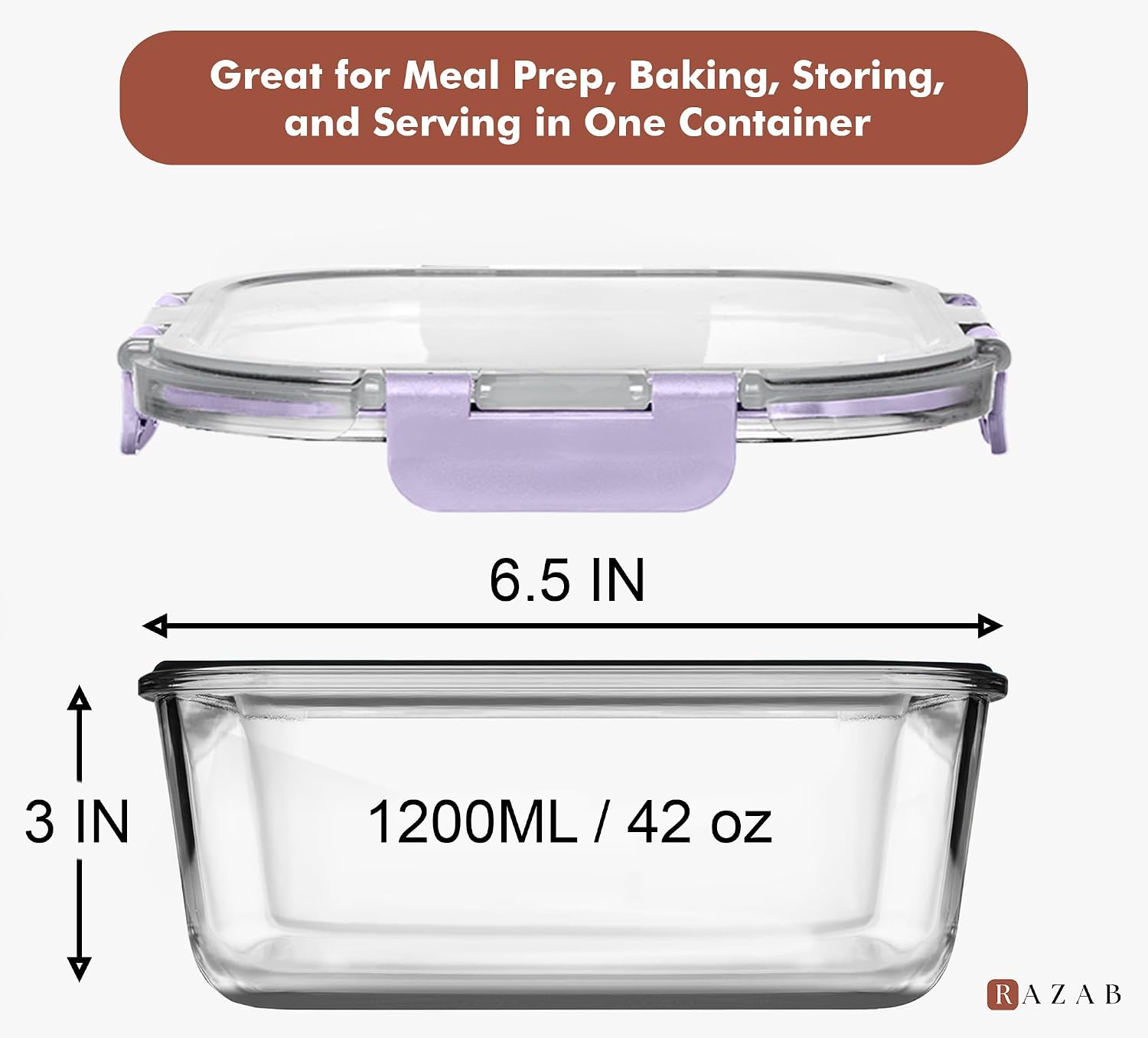 Razab 2 PC 1200ML / 41 Oz Glass Food Storage Containers with Lids - Airtight & Leakproof - Microwave/Oven/Freezer Safe - BPA Free - Ideal for Meal