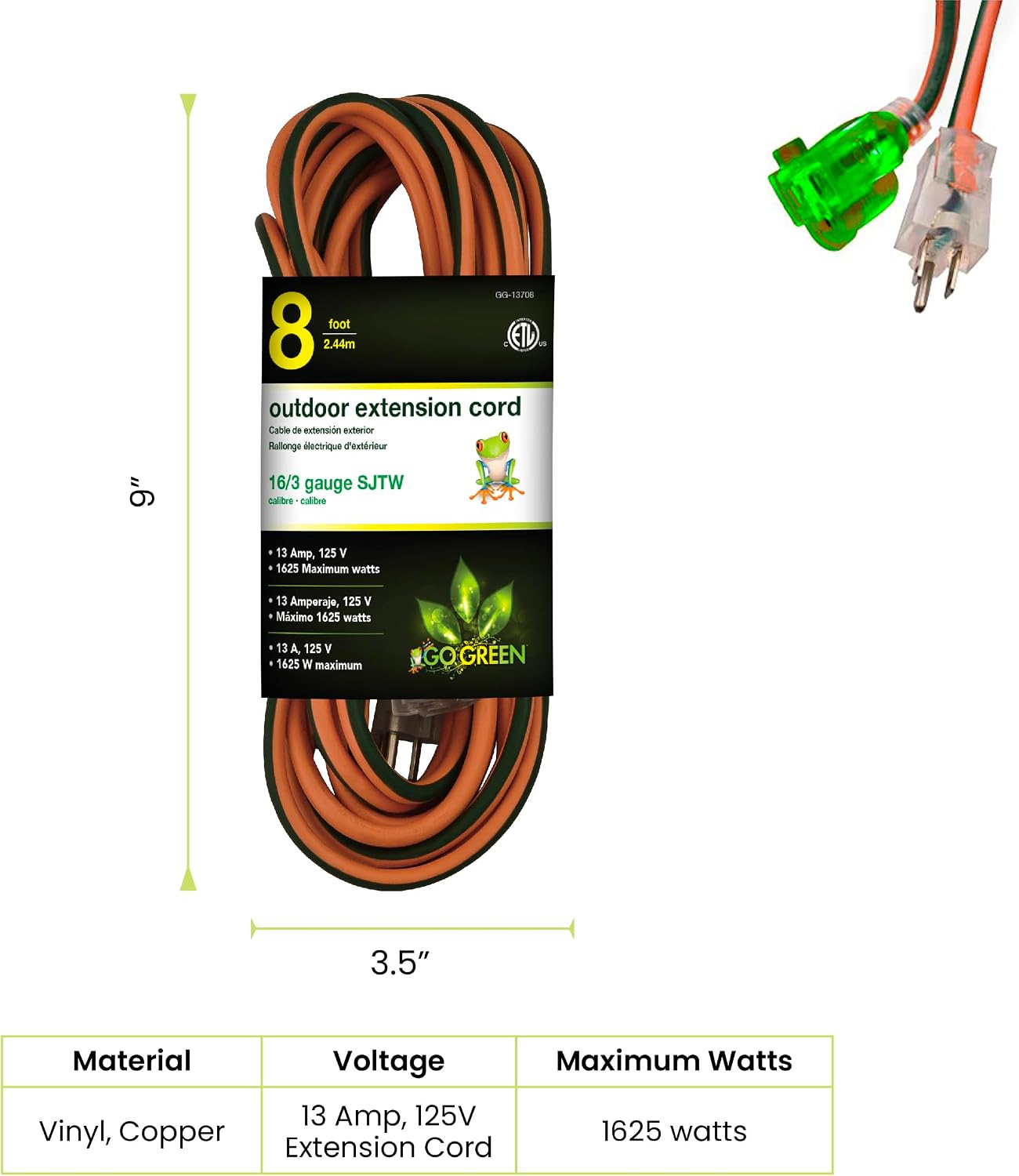 Go Green Power Inc. (GG-14025) 12/3 SJTW Outdoor Extension Cord, Lighted End, 25 ft