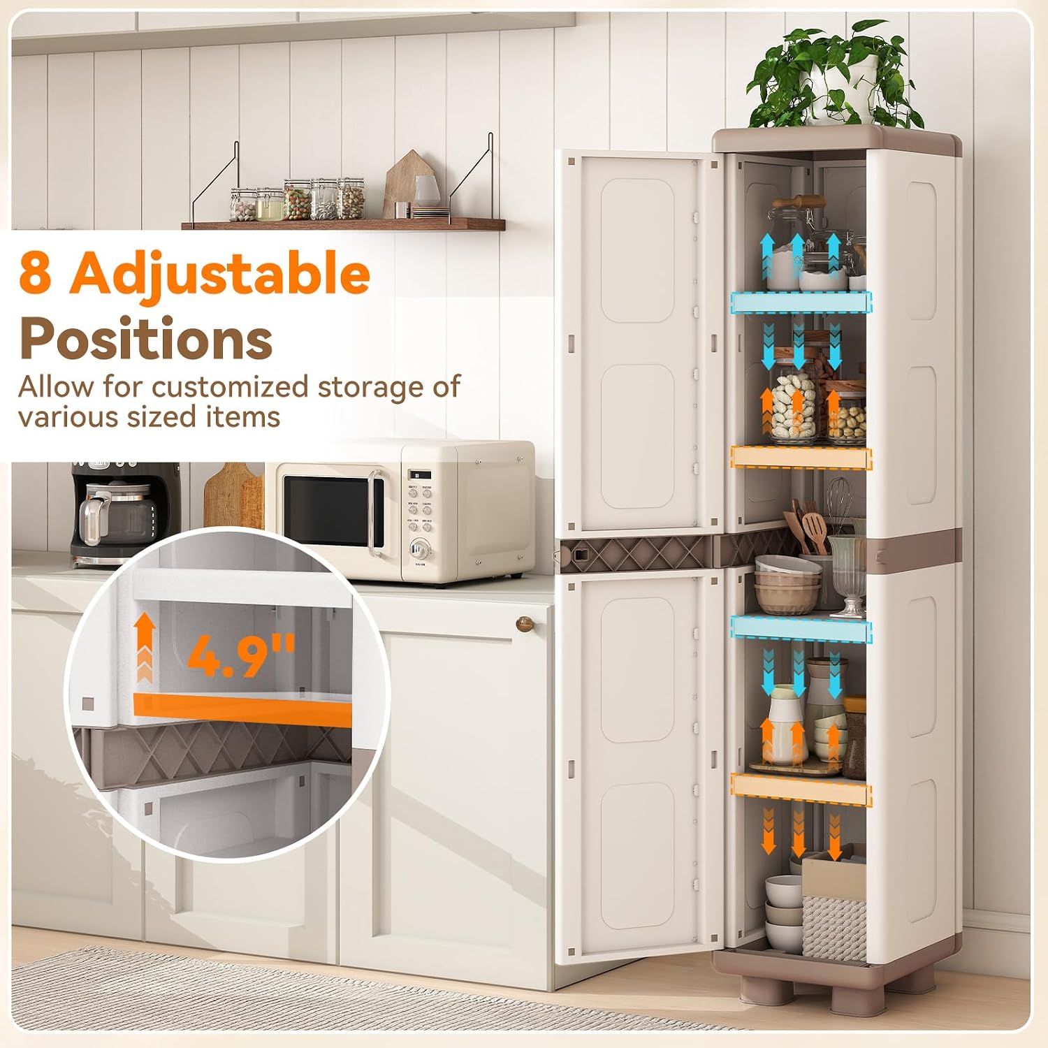 GIANTEX Storage Cabinet with 2 Doors and Adjustable Shelves, Modern Plastic Base Garage Organizer, Floor Sideboard for Kitchen, Dining Room, Bathroom (Wide-29"x19"x37",White+Brown)