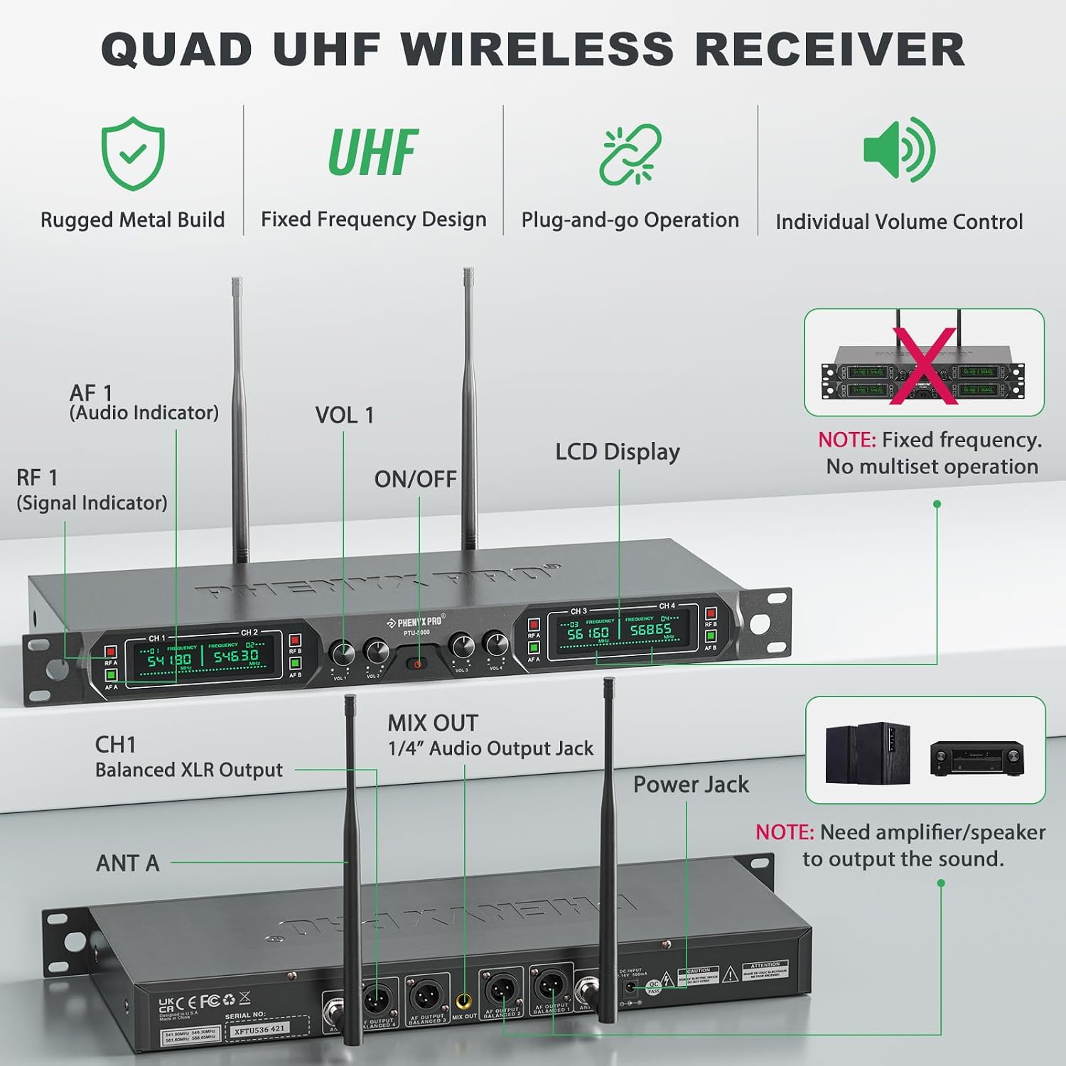 Phenyx Pro 4-Ch UHF Fixed Frequency Wireless Microphone System PTU-5000-4H | 4 Dynamic Handheld Mics, Metal Build, 260 ft Range, Singing