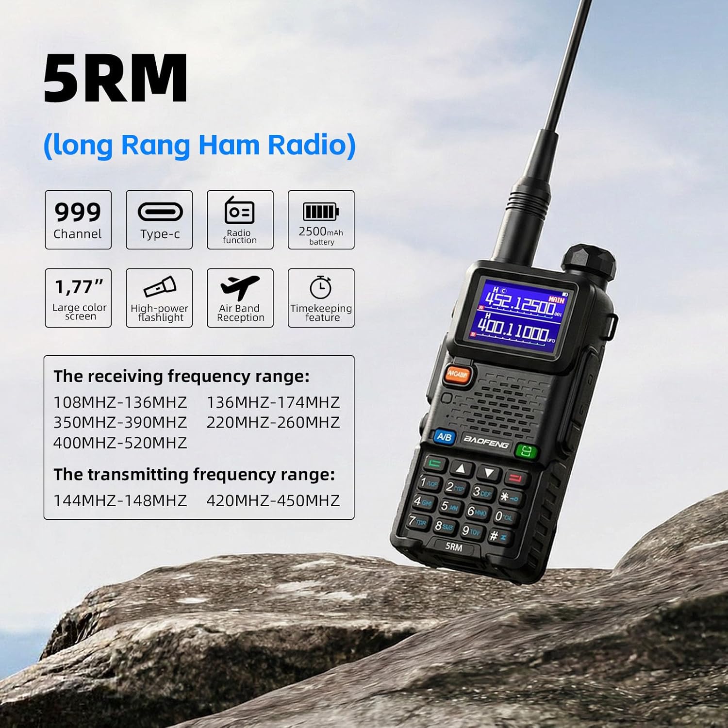 Baofeng Radio UV-5RM Ham Radio Handheld UV5R Walkie Talkies Long Range | with NOAA Weather | Rechargeable |Programming Cable & Earpiece | 999