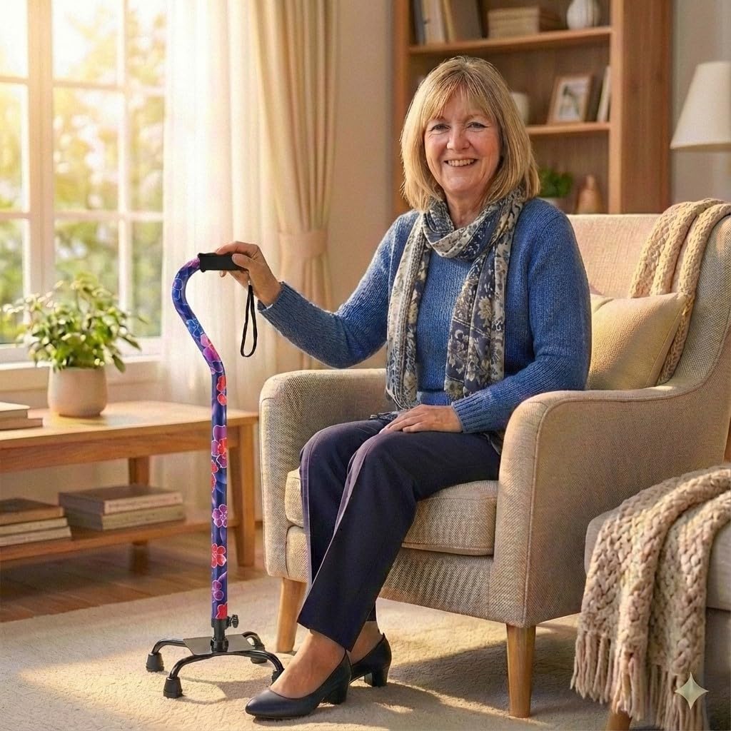 NOVA Designer Quad Cane, Lightweight Four Legged Cane with Soft Grip Handle, Height (for Users 4’11” - 6’4”) & Left or Right Adjustable, Butterflies Design
