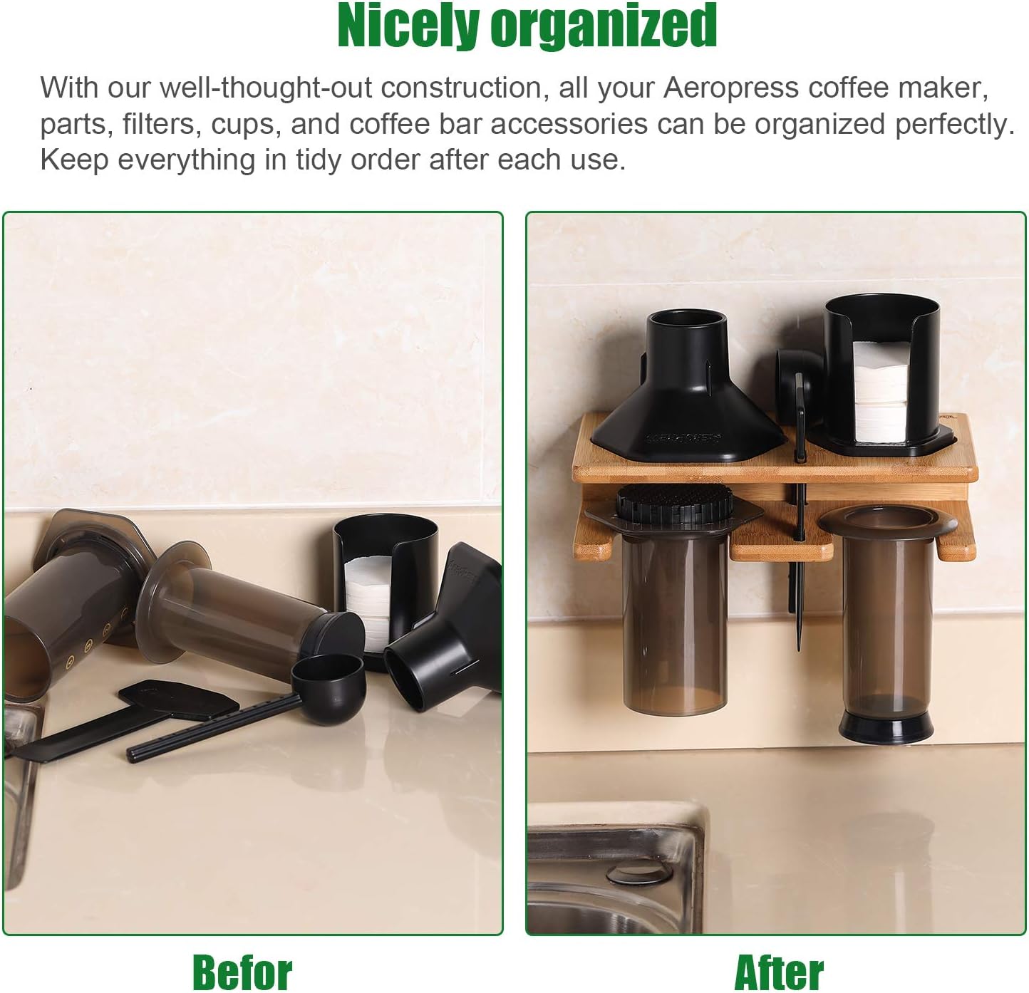 Space Saving Organizer Wall Mount for Aeropress set, Polished Bamboo