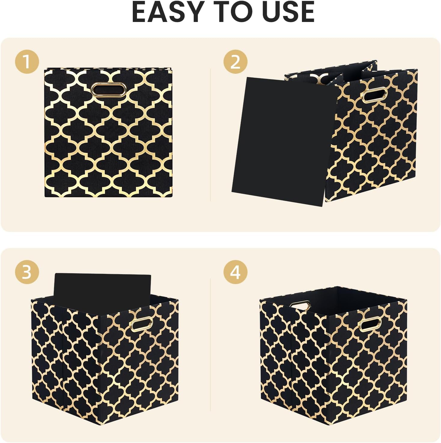 Posprica Storage Bins, Storage Cubes,13×13 Fabric Drawers Organizer Basket Boxes Containers (13×13×13/4pcs, Cream/gold geometry Pattern)