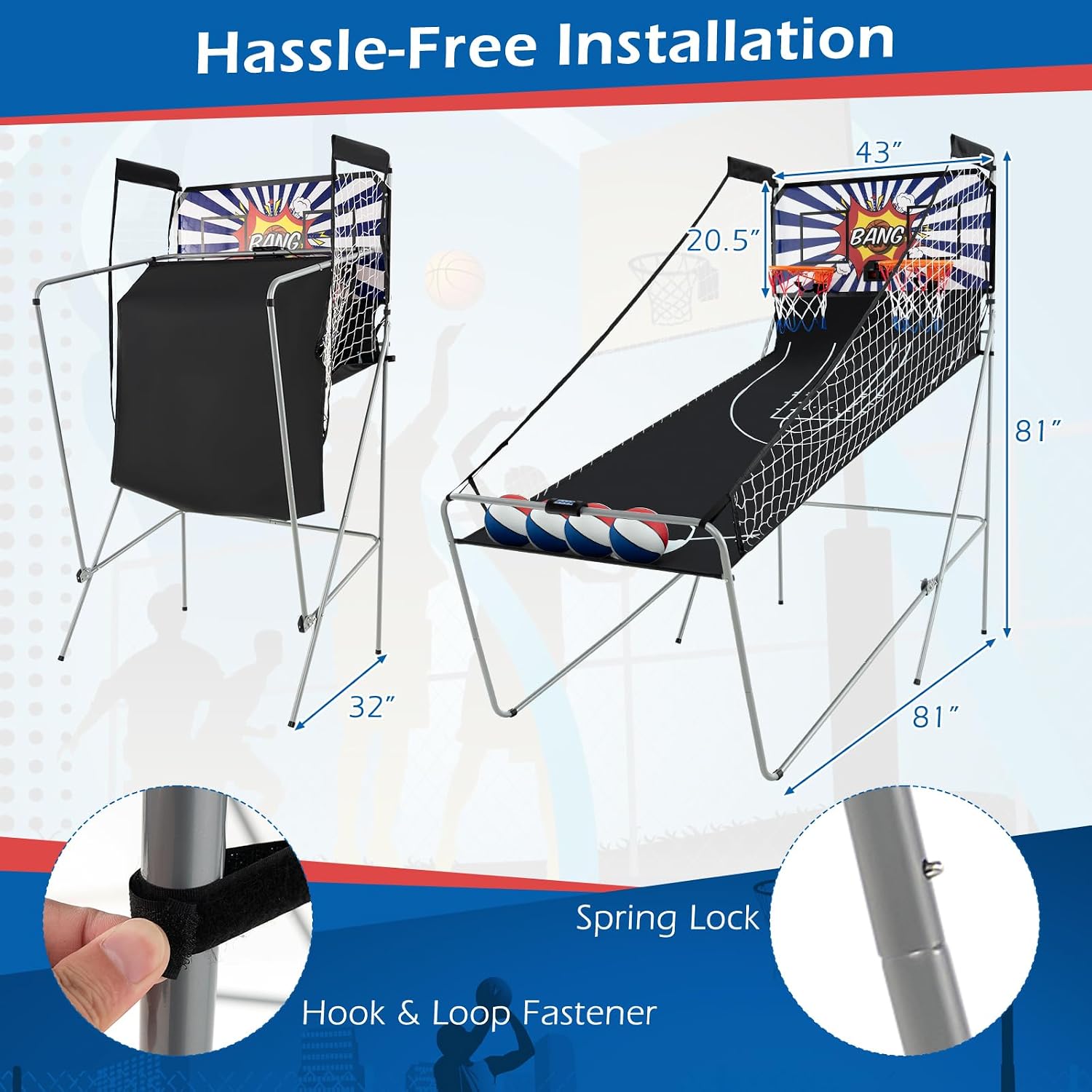 GYMAX Arcade Basketball Game Indoor Foldable with 8 Game Modes, Arcade Sound, 4 Balls and Inflation Pump, Electronic Basketball Games for All Ages Home