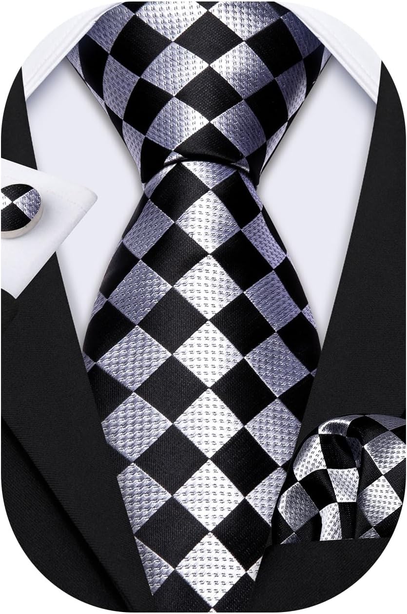 Barry.Wang Plaid Ties for Men Silk Necktie Handkerchief Cuff Links Set
