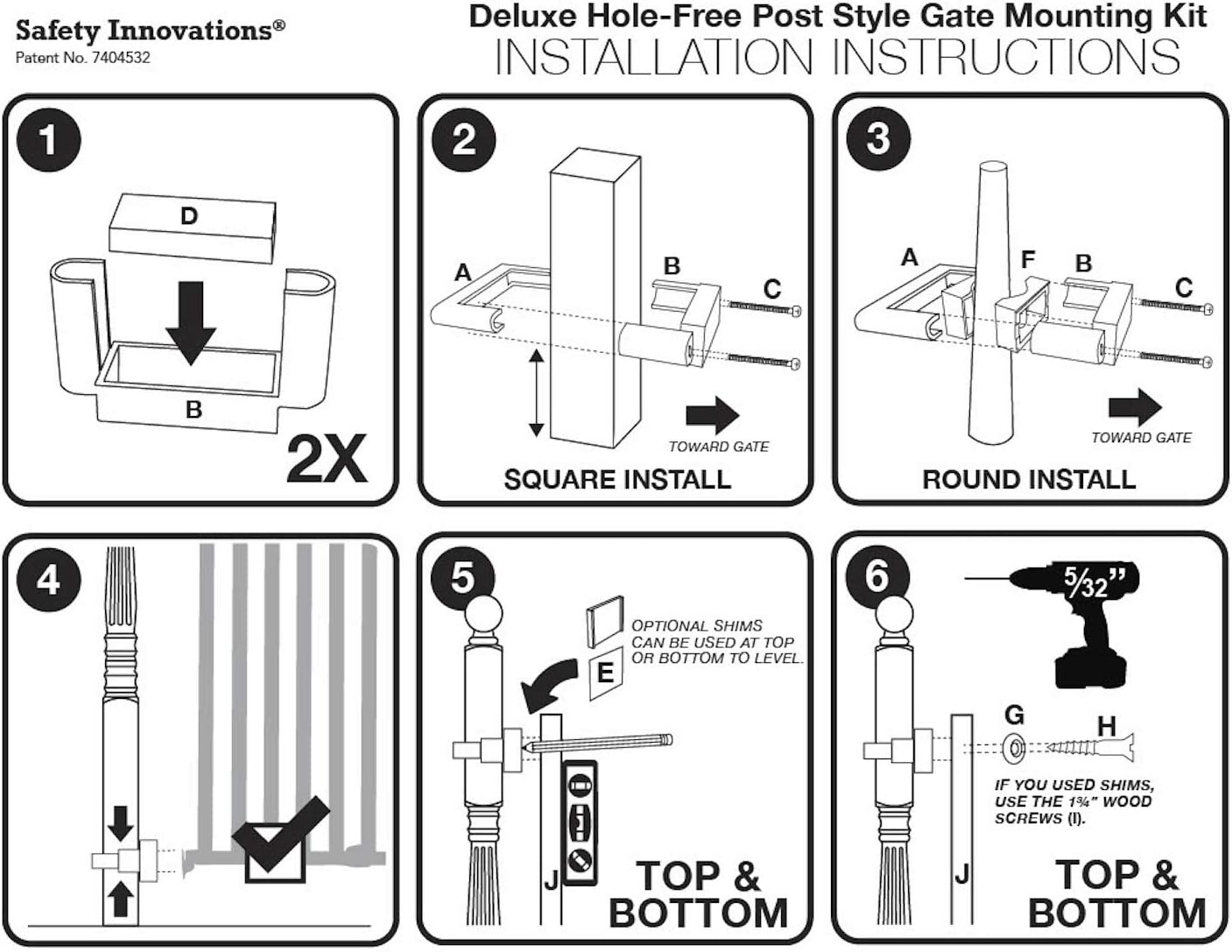 Safety Innovations No Hole Stairway Baby Gate Mounting Kit - Fits Posts from 2 3/4 inches to 3 1/2 inches Wide with Square or Round Tops - No