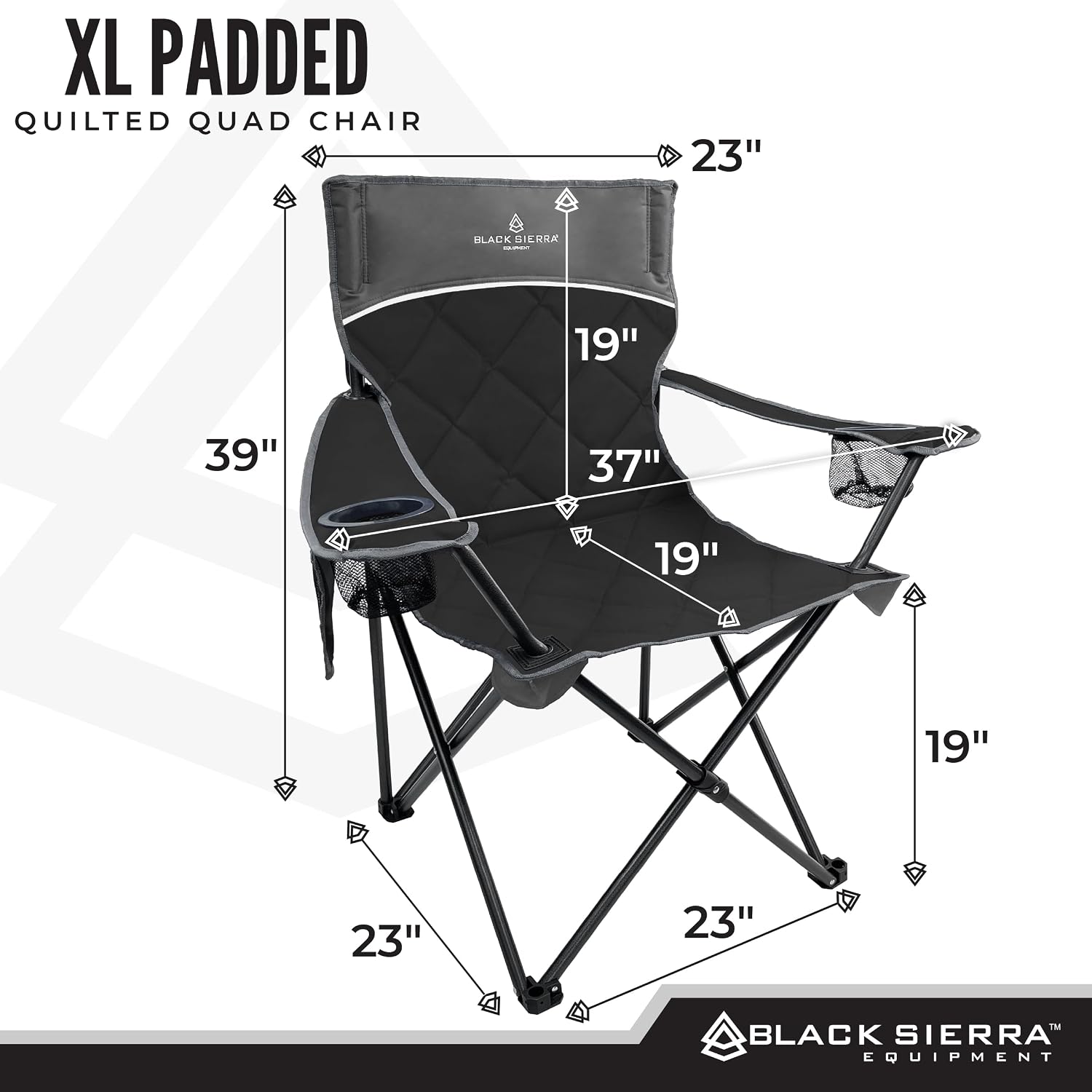 Black Sierra Quilted Padded Camping Chair, Oversized Heavy Duty Outdoor Lounge Seat Supports 300 lbs, Portable, Folding with Cup Holder for Beach, Tailgating, Sports, Patio