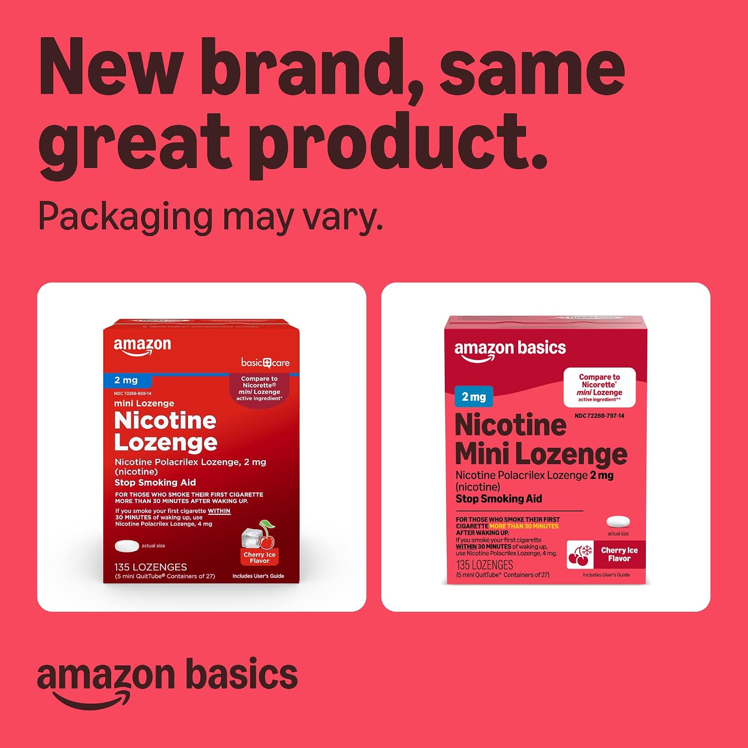 Amazon Basics Mini Nicotine Polacrilex Lozenge, 2 mg, Cherry Ice Flavor, Stop Smoking Aid, 135 Count (Previously Amazon Basic Care)