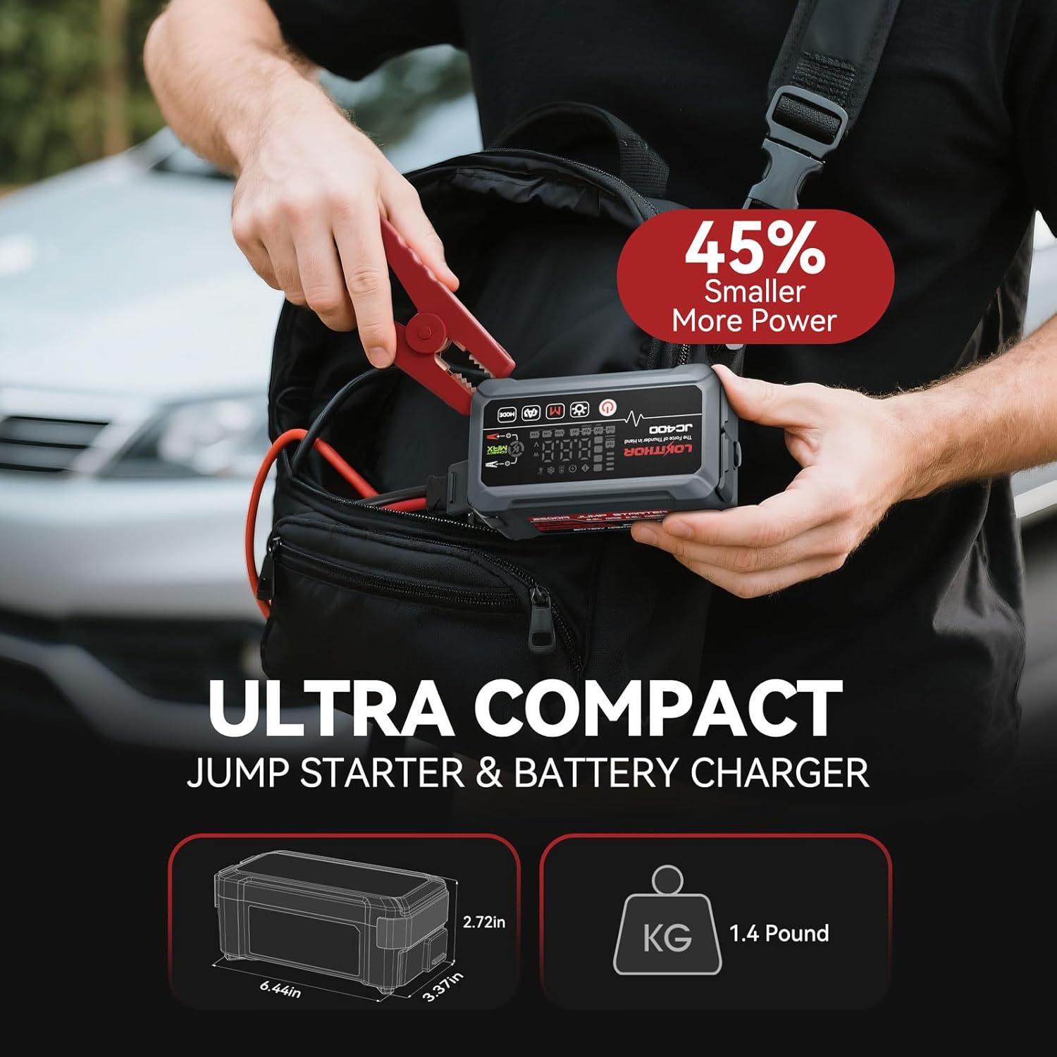 LOKITHOR JC400 2A Car Battery Charger and 2500A Jump Starter | 750mA/1A/2A, 6V/12V Automotive Battery Maintainer, Trickle Charger and Desulfator