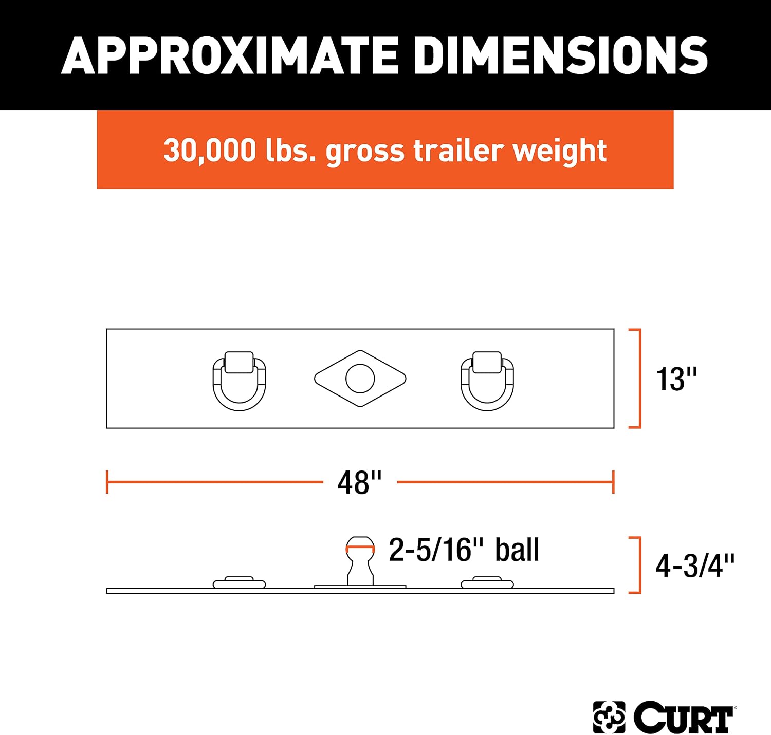 Curt Manufacturing 65500 Flat Hitch Plate 13 in X 48 in W/2 1/2 in Welded D-Rings