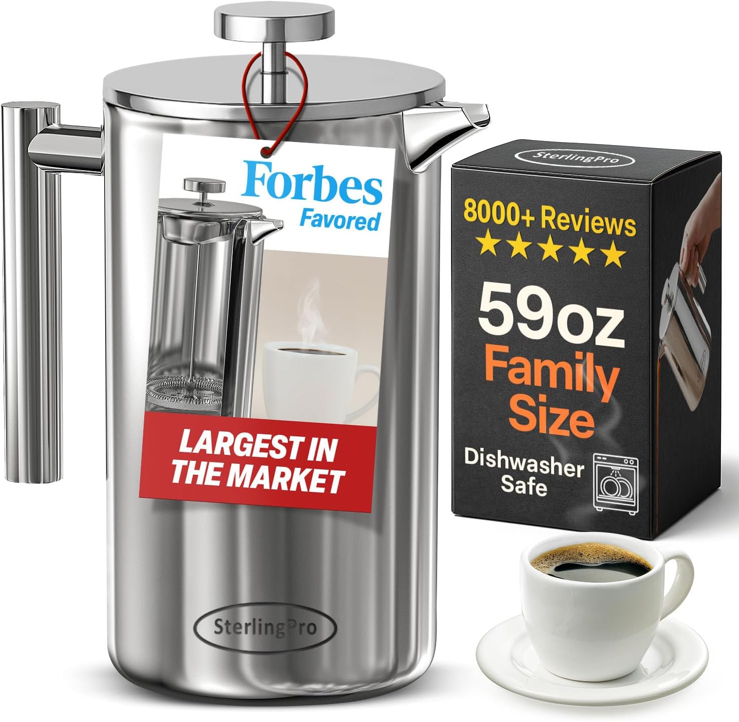 SterlingPro Large Insulated Stainless Steel French Press Coffee Maker 51oz Capacity (44 oz Brew Yield) – Double Wall Metal Coffee Press | Plastic Free | Cool-Touch | Mirror Finish | 12 Cups / 6 Mugs