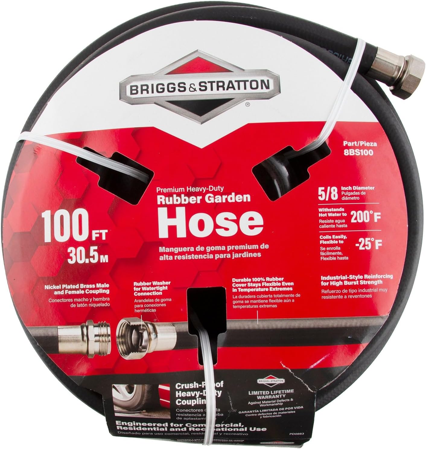 Briggs and Stratton 8BS75 75-Foot Premium Heavy-Duty Rubber Garden Hose, Brass