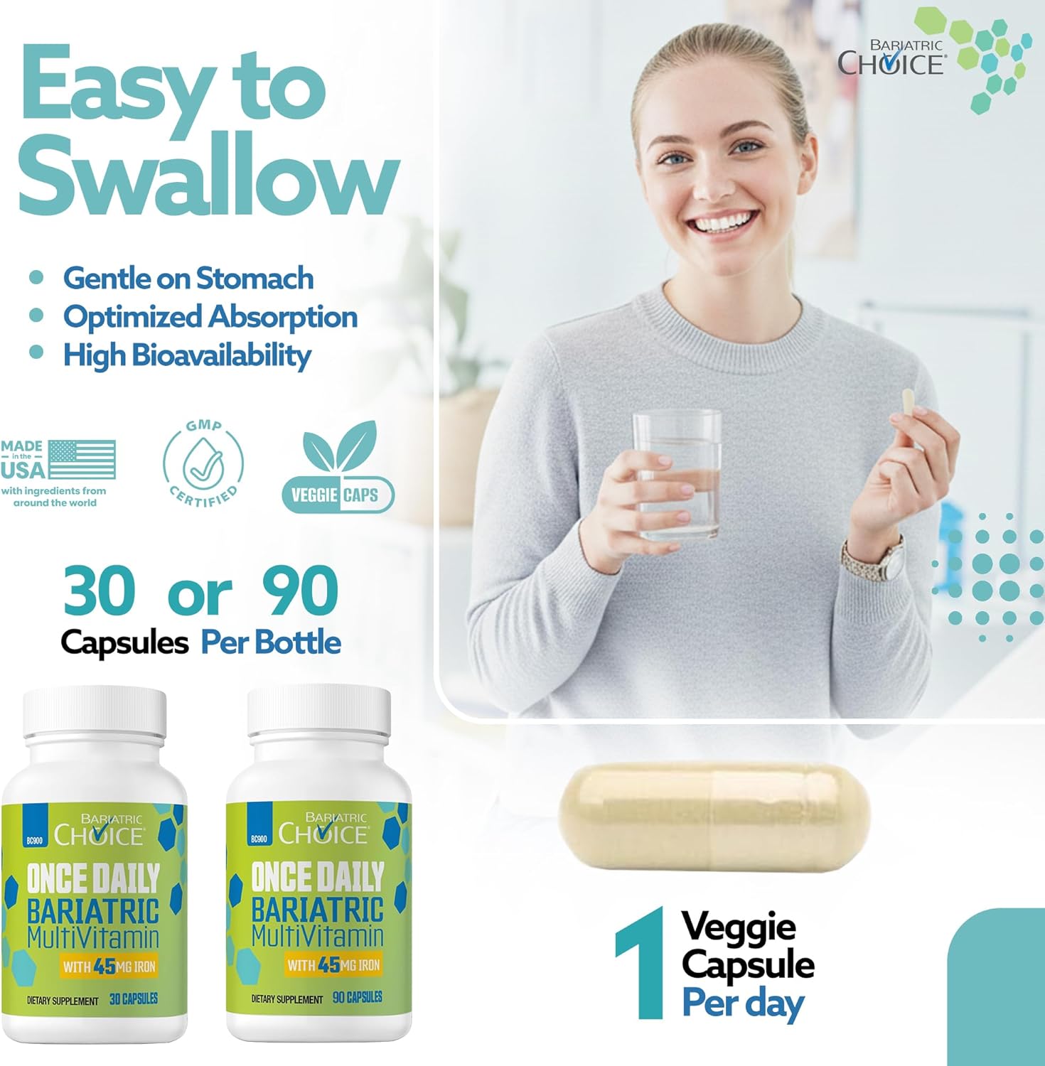Bariatric Choice Once Daily Bariatric Multivitamin with Iron 45mg, 1 Month | 1-Mo Supply, Once Daily Easy-to-Swallow Capsule for Gastric Bypass & Sleeve Patients – High Potency Vitamins A, D, B12, More