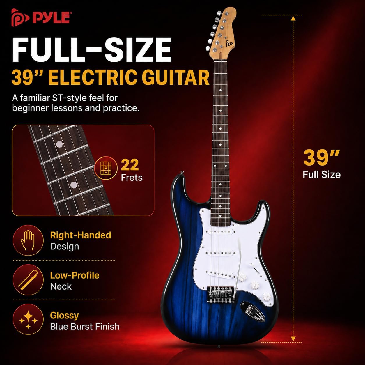 Pyle Electric Guitar and Amp Kit - Full Size 39" Complete Starter Kit with Wearable Bluetooth Amplifier, 1/4” Cable, Carry Case, Strap, Strings, Picks, Cleaning Cloth, ST-Style Pickups (Black)
