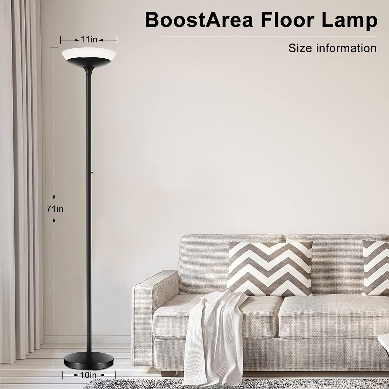 BoostArea Torchiere Floor Lamp, 30W Super Bright LED Standing Lamp, Stepless Dimmable Pole Lamp with 3000K Lighting, Rotary Switch