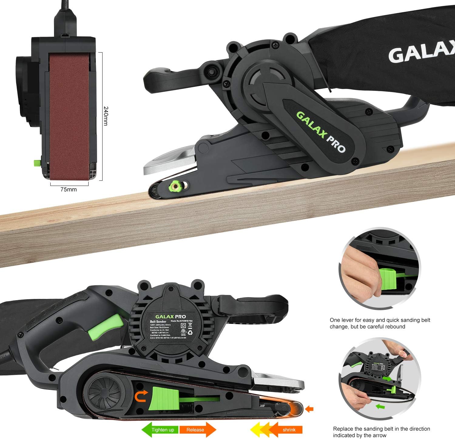 GALAX PRO 1010W Belt Sander, 120-380 RPM 6-Variable Speed Settings | Electric Sander with 5 Sanding Belts(76x533 MM), Dust Bag,for wood