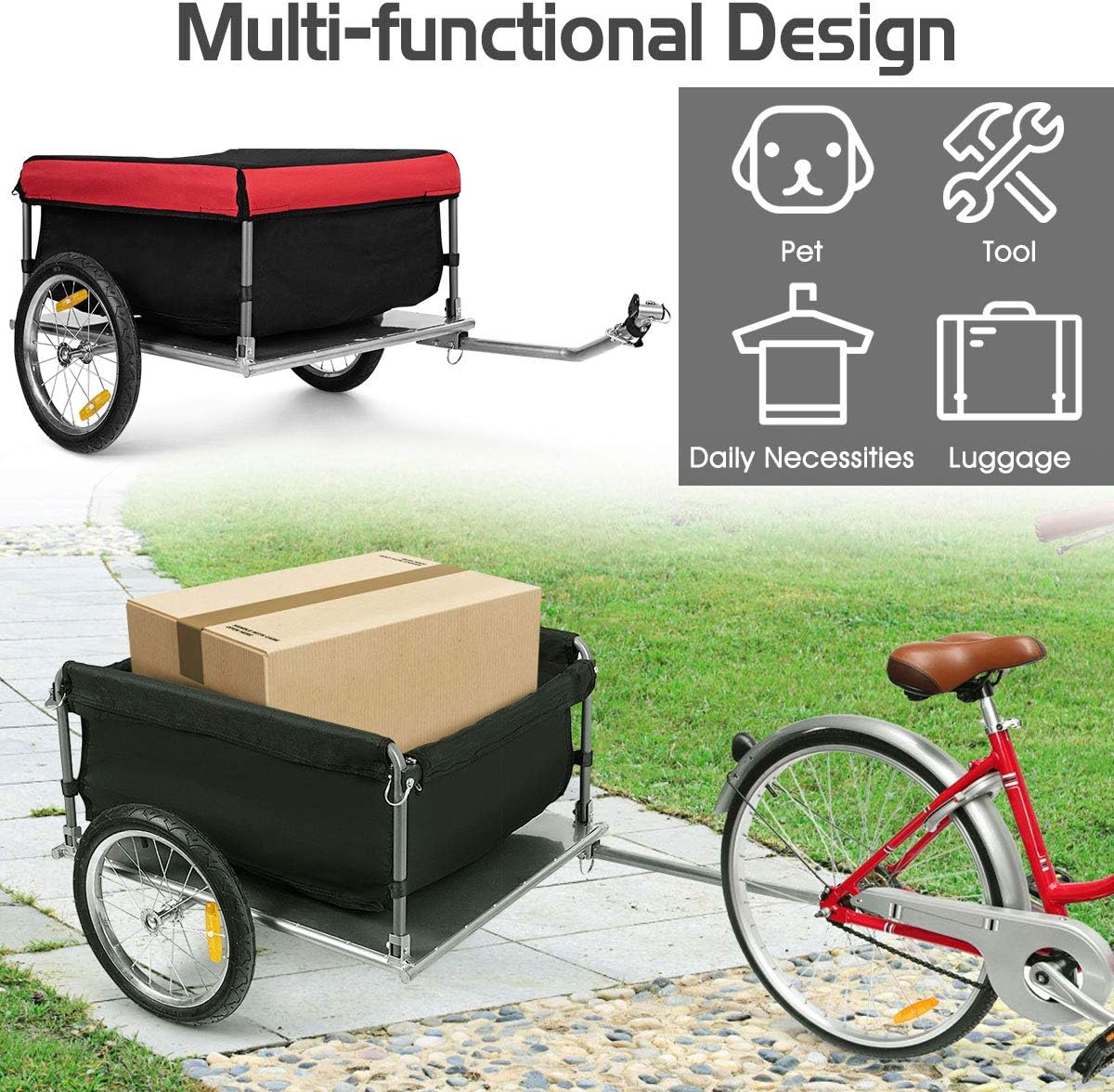 Goplus Bike Cargo Trailer, Foldable Bicycle Trailer with 16” Wheels, Removable Cover, Oxford Fabric, Folding Frame Quick Release