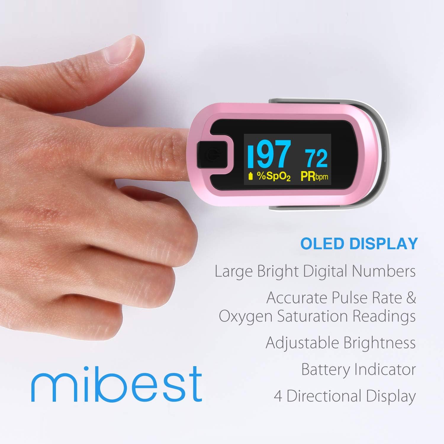 OLED Finger Pulse Oximeter, O2 Meter, Dual Color White/Pink