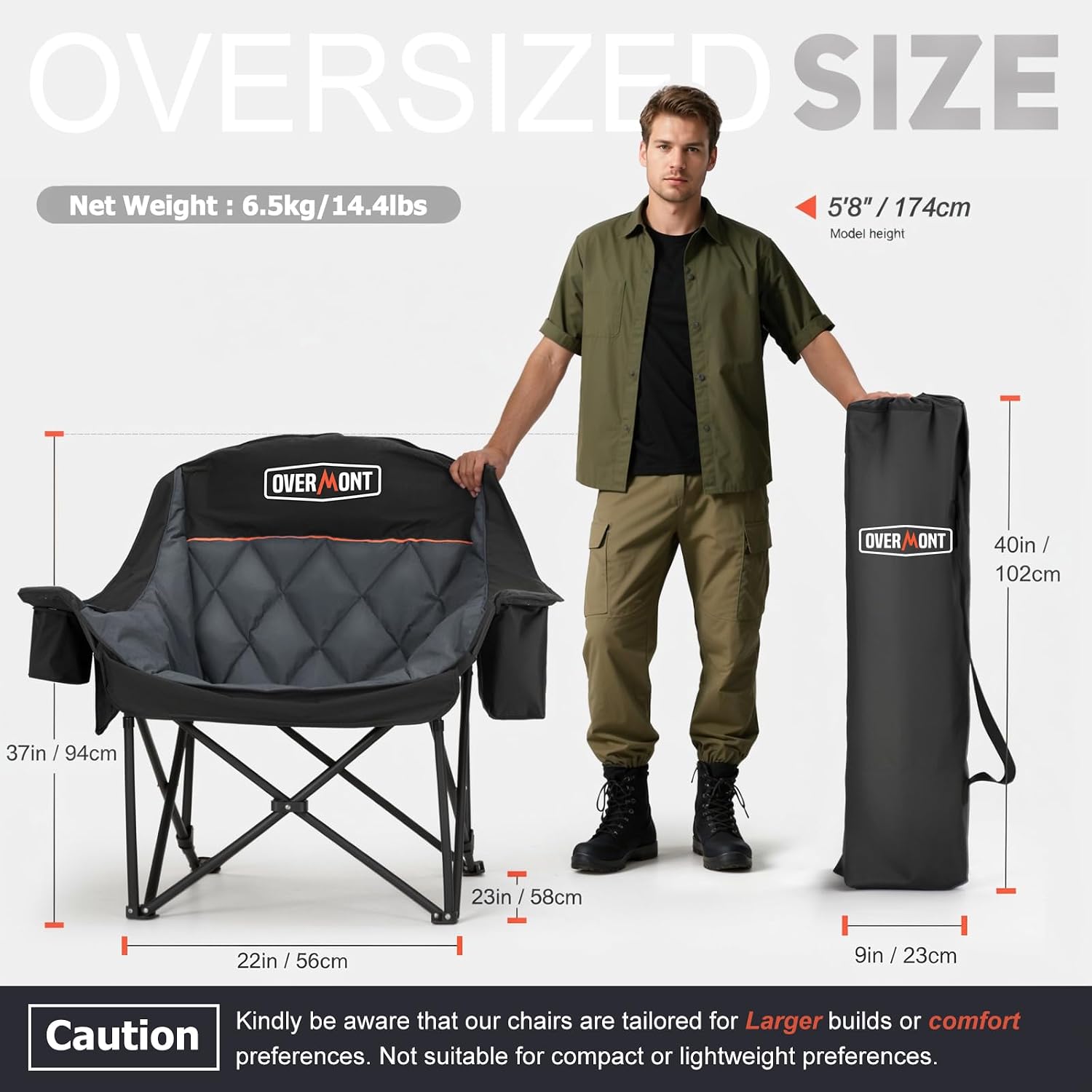 Overmont Oversized XL Camping Chair for Adults - 500lbs Support Heavy-Duty Padded Folding Chair with Side Pocket Cup Holder Cooling Bag for Outdoor Sports Garden Beach Fishing Lawn Black