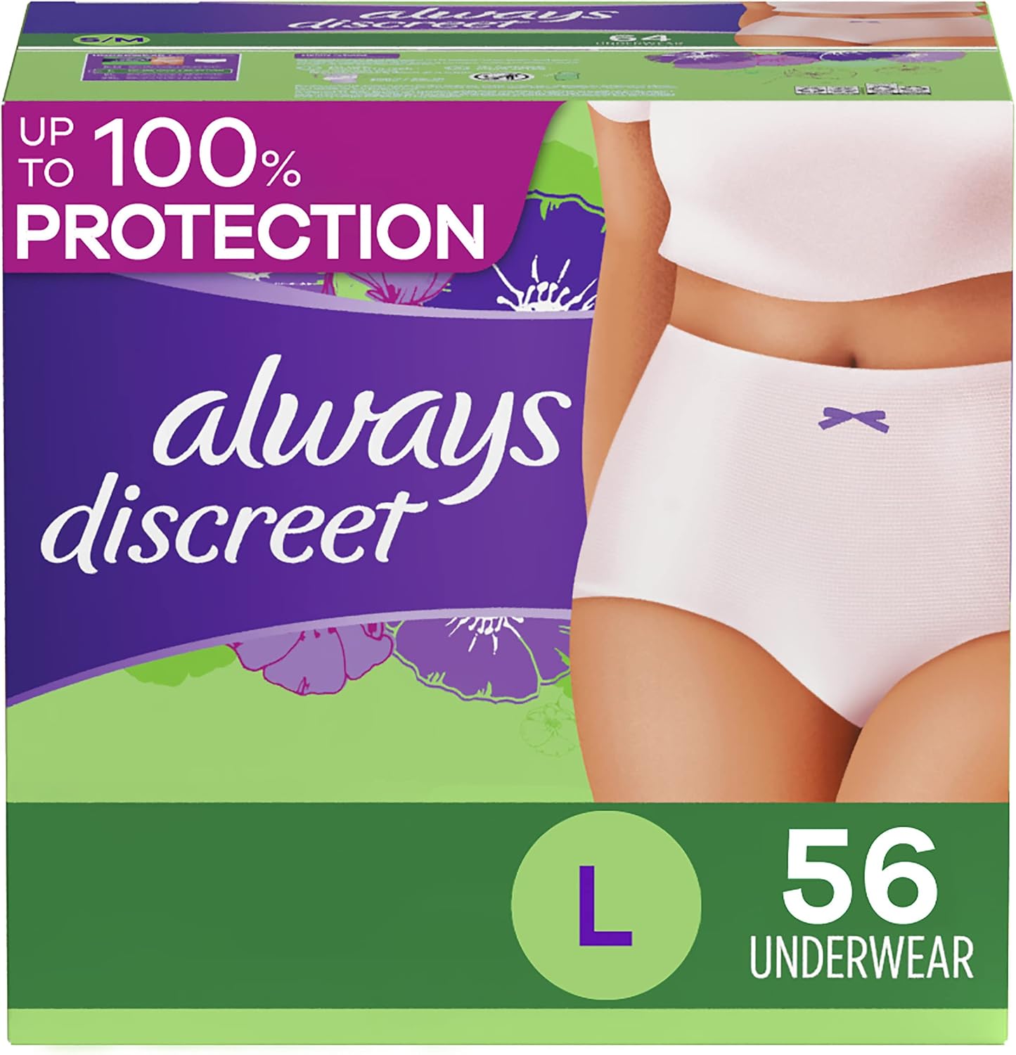 Always Discreet Adult Diapers for Women, Incontinence Underwear, Postpartum Essentials, Disposable Briefs, Max Absorbency, Bladder Leak Protection, Small/Medium, 32ct