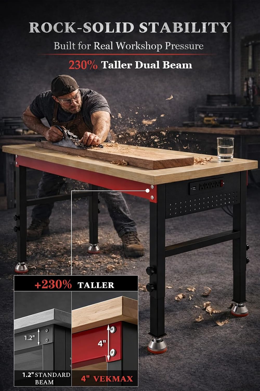 60" Heavy Duty Workbench, 2500 LBS Load Capacity Work Bench with 1.2" Laminated Oak Wood Top & Reinforced Steel Frame, Adjustable Height Work Table for Garage, Workshop, Office, Home (Casters)