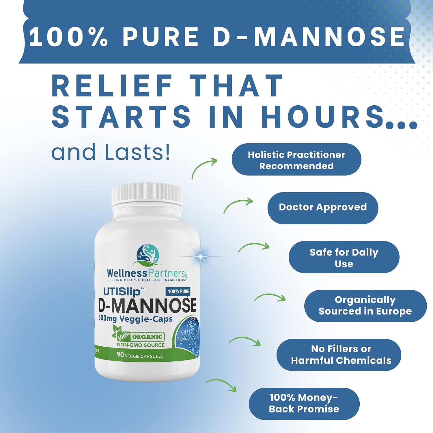 UTI Slip D-Mannose Non GMO Organic Source Veggie Capsules 90 Count (500 Mg)
