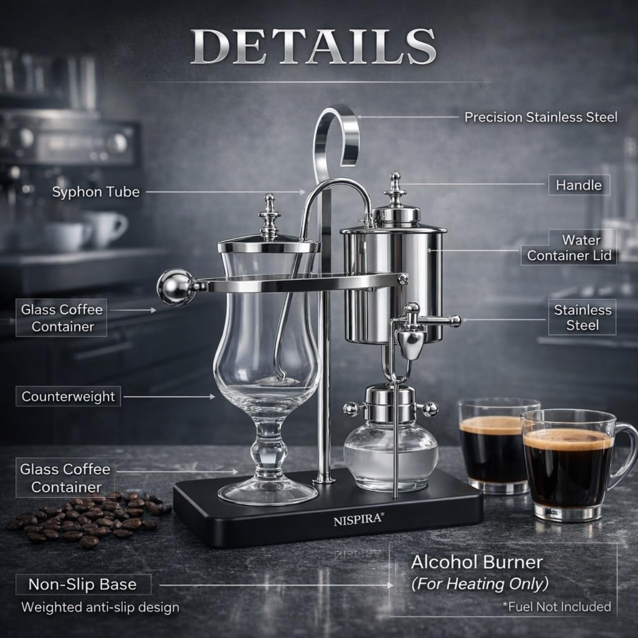 Nispira Belgian Balance Syphon Vacuum Coffee Maker, 500 ml Vintage Gravity Brewing System, Silver Finish, Manual Tabletop Coffee Brewer
