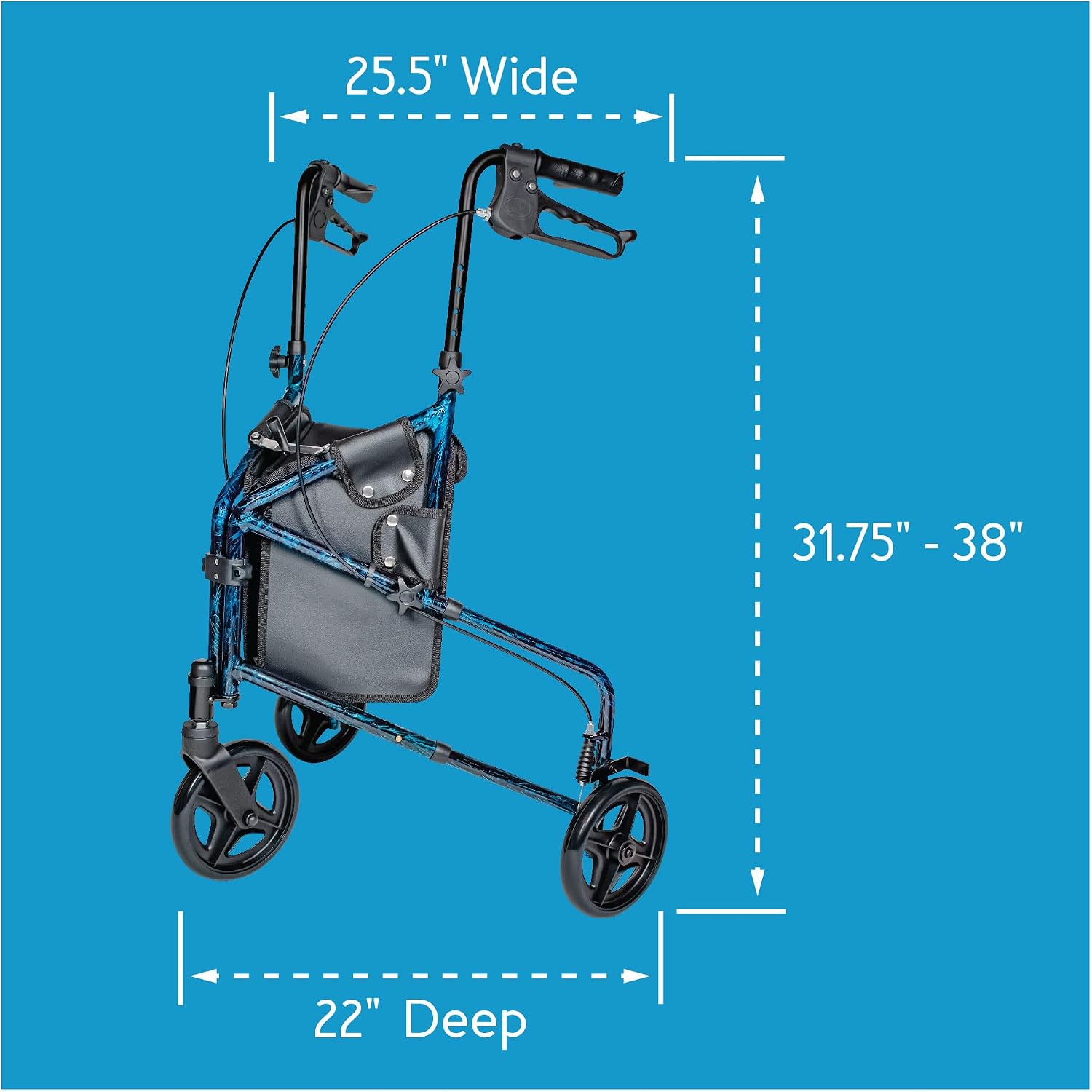 Carex 3 Wheel Walker for Seniors, Foldable, Rollator Walker with Three Wheels, Three Wheel Rolling Walker Height Adjustable for Seniors, Blue, Trio