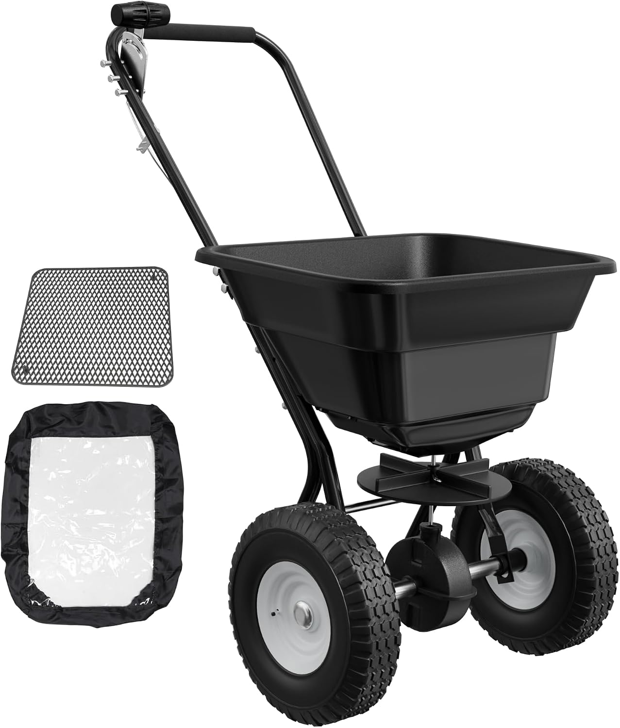 PPOLB Broadcast Spreader for Lawns, 50LB Fertilizer Spreader with 30-Level Flow Control, Walk Behind Lawn Seed & Salt Spreader, 0–10FT Coverage, Hopper Screen, Rain Cover, 12" Pneumatic Wheels