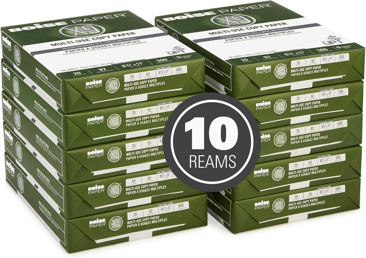 Boise X-9 Multi-Use Printer & Copy Paper, 5 Reams, White, Ledger (11in x 17in), 2500 Sheets Per Case, 20 Lb, 92 Brightness