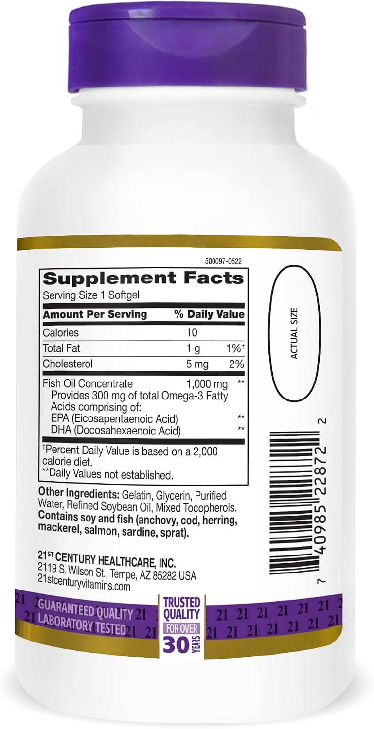 21st Century Fish Oil 1000mg Omega-3 Softgels, Mercury-Filtered, 120ct | Omega-3 Fish Oil with 300 mg EPA & DHA, Heart & Cardiovascular Health Support, Gluten Free, Non-GMO