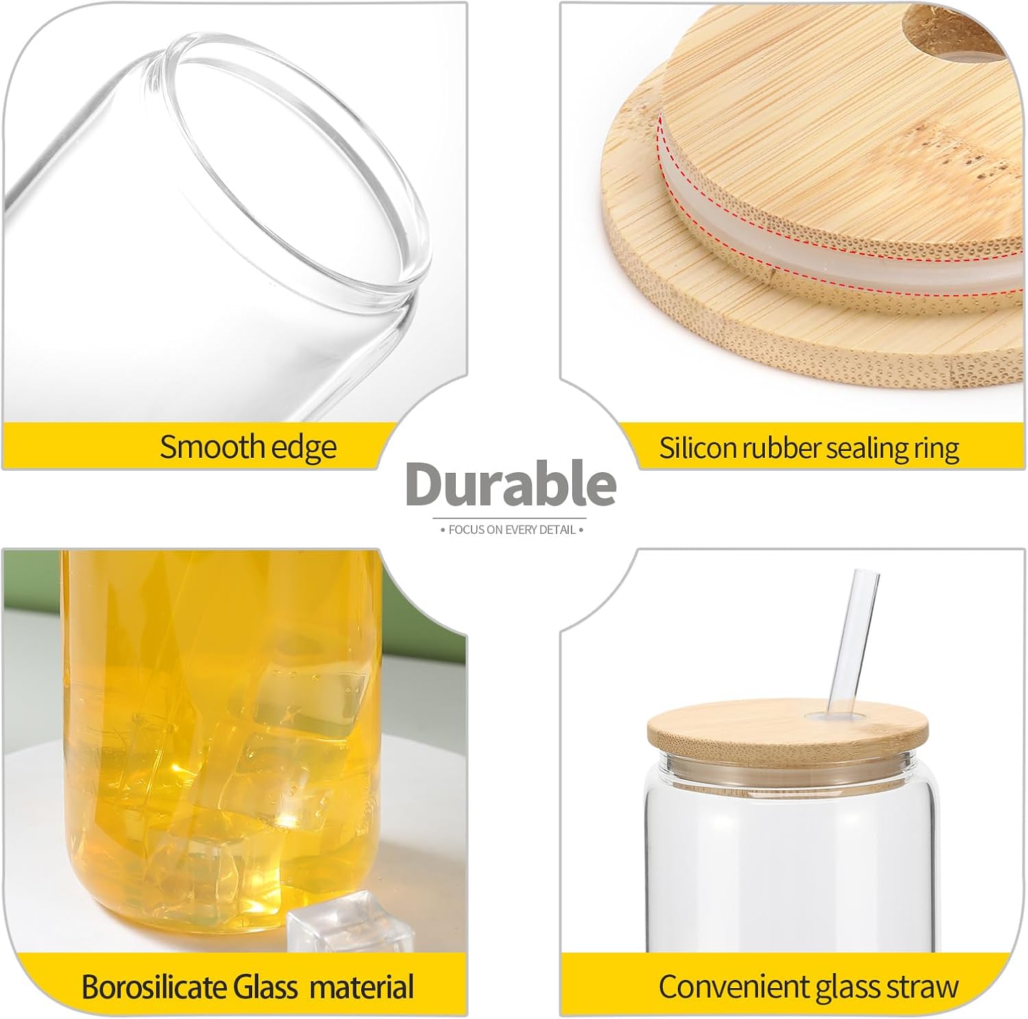 YOUKE OLA 20 Pack Glass Cups with Bamboo Lids and Glass Straw 16oz Beer Can Shaped Drinking Glasses Cups, Glass Tumbler Reusable Cute Cups for Whiskey