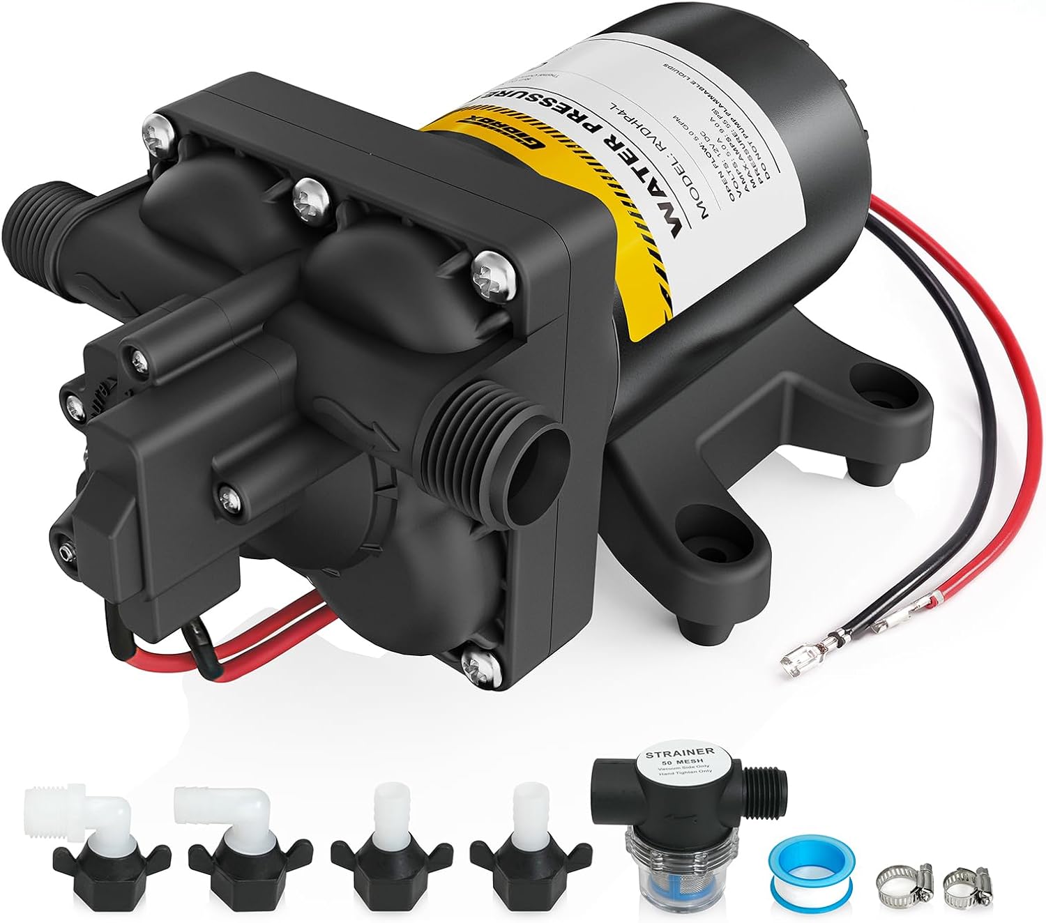 12V RV Water Pump, 5.0 GPM 55 PSI Diaphragm Pump, 20Volt Quiet Fresh Water Pump with Pressure Switch, Self Priming Pressure Pumps for RV Camper Boat Marine Food Truck, Dark Grey