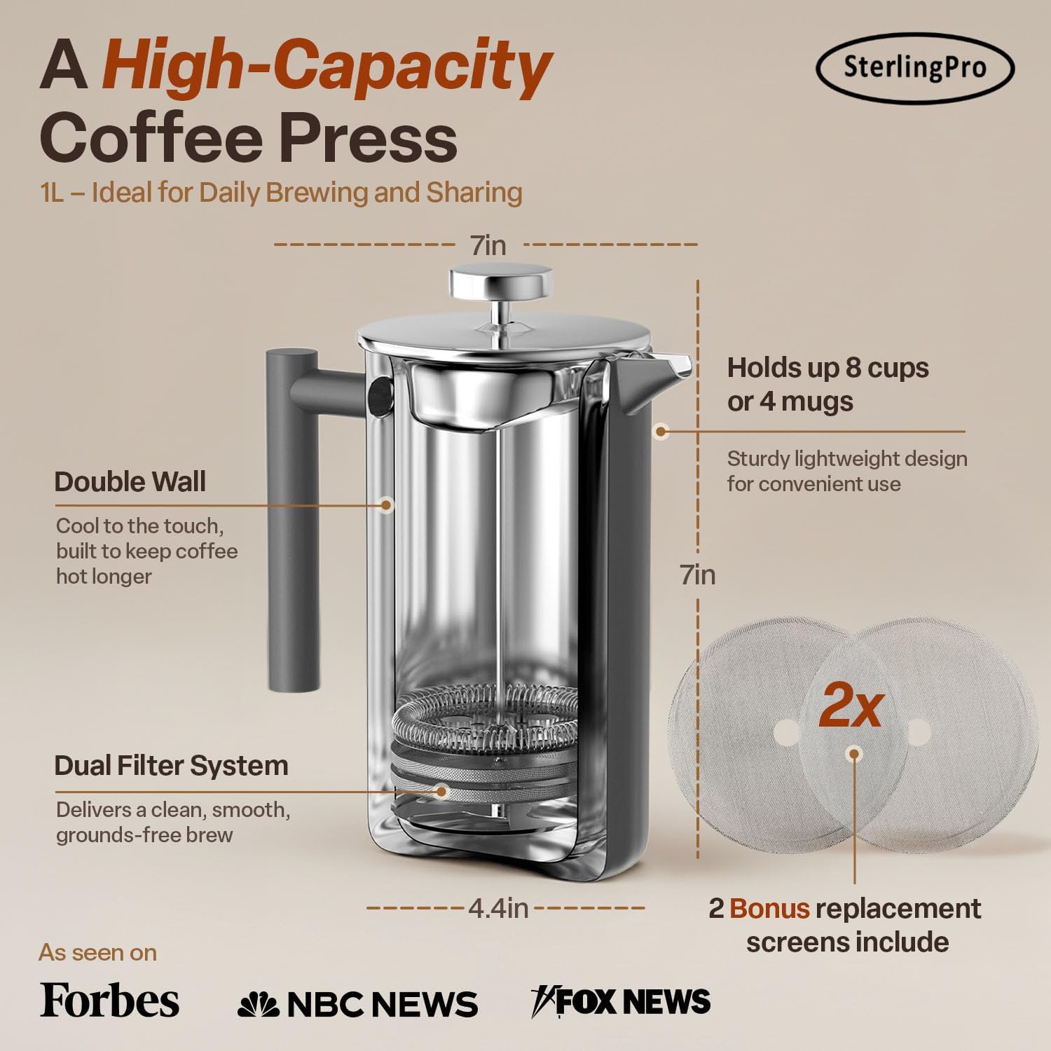 SterlingPro Large Insulated Stainless Steel French Press Coffee Maker 51oz Capacity (44 oz Brew Yield) – Double Wall Metal Coffee Press | Plastic Free | Cool-Touch | Mirror Finish | 12 Cups / 6 Mugs