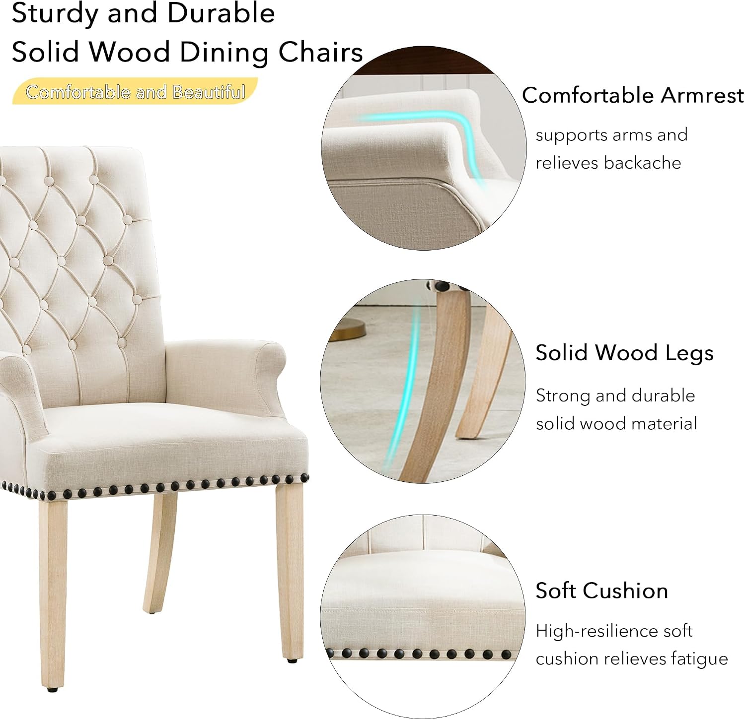 adochr Dining Chairs with Arms,Linen High Back Dining Room Chairs, Beige