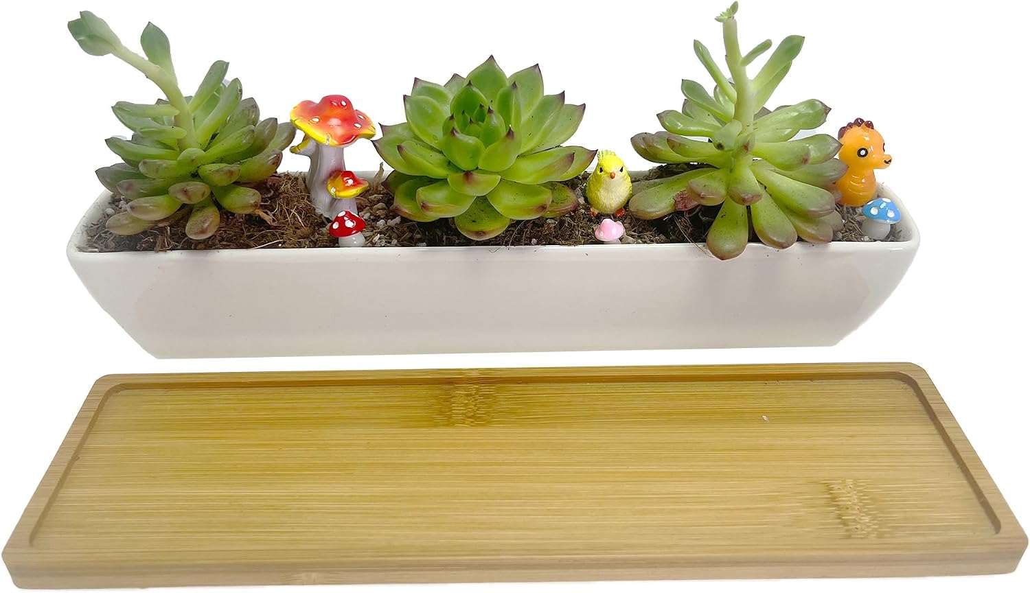 11inch Long Rectangle White Ceramic Succulent Planter Pots,with Bamboo Saucers. Product Size:11x2.23x1.69inch.