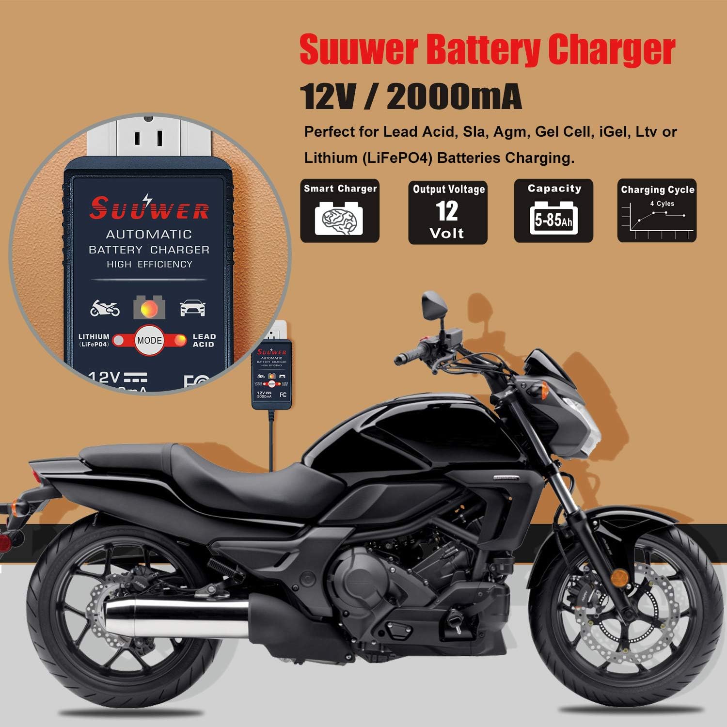 Suuwer Automatic Trickle Battery Charger, 12V 2000mA Battery Maintainer | for Car Motorcycle ATV Boat and More, With 12FT DC Cable