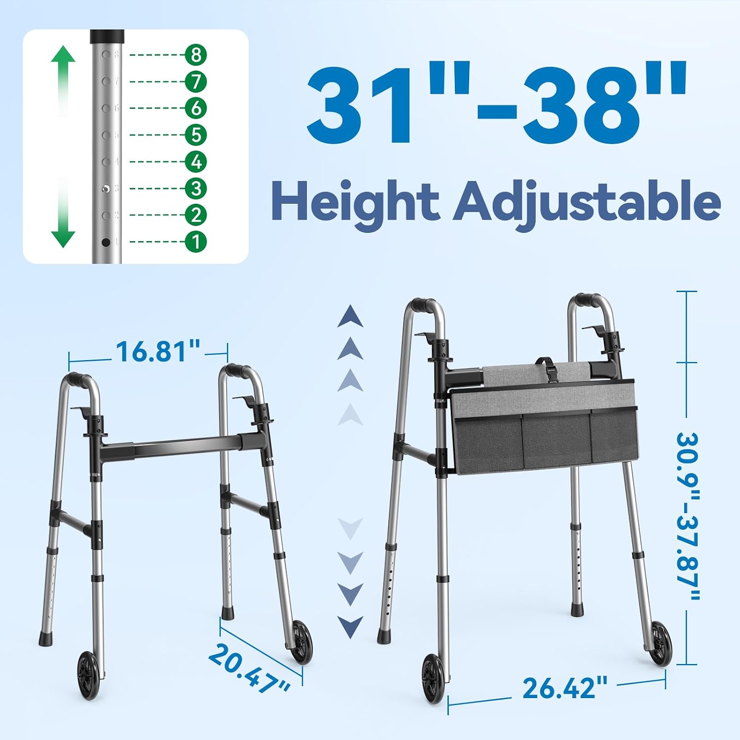 Loyoda Folding Walker with Basket and Glide Skis, 5" Wheels, Lightweight | Standard Walker for Seniors and Adults, Offers 8 Height Adjustments (31"-38"), Supports up to 350 lbs