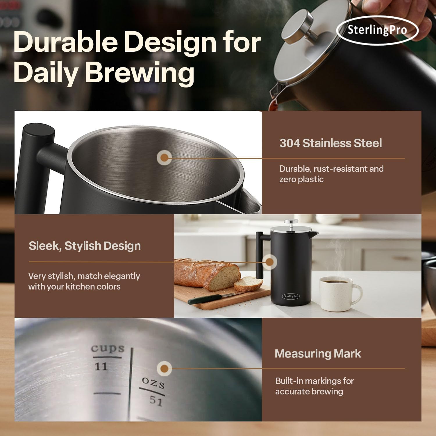 SterlingPro Large Insulated Stainless Steel French Press Coffee Maker 51oz Capacity (44 oz Brew Yield) – Double Wall Metal Coffee Press | Plastic Free | Cool-Touch | Mirror Finish | 12 Cups / 6 Mugs