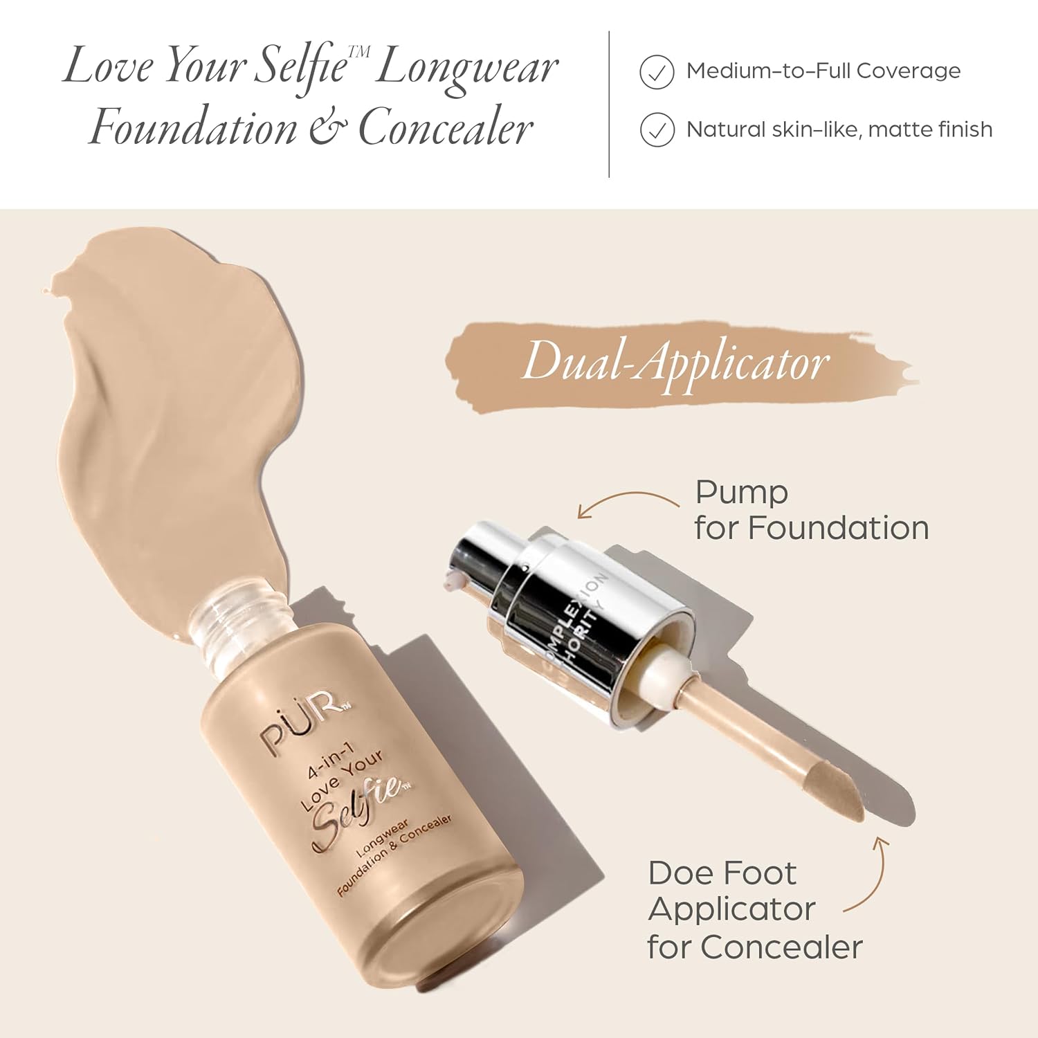 PÜR MINERALS 4-in-1 Love Your Selfie Foundation & Concealer - Longwear Medium-to-Full Coverage Liquid Makeup Foundation with Hydrating Blend for Refined-Looking, Natural Beauty Glow & Skin Texture