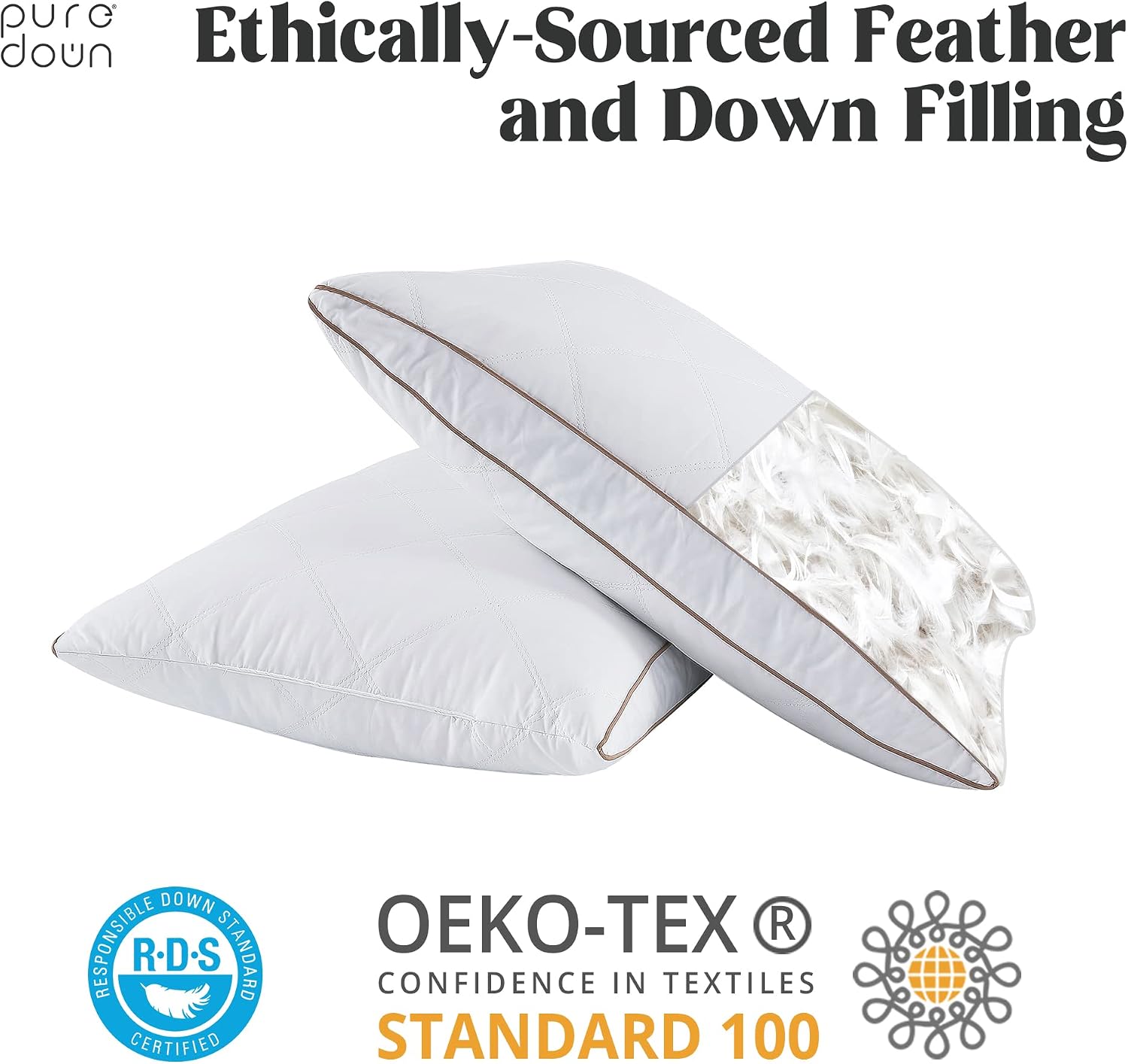 puredown® Goose Feathers and Down Pillow for Sleeping Hotel Collection Bed Pillows, Gusseted, Queen, Set of 2