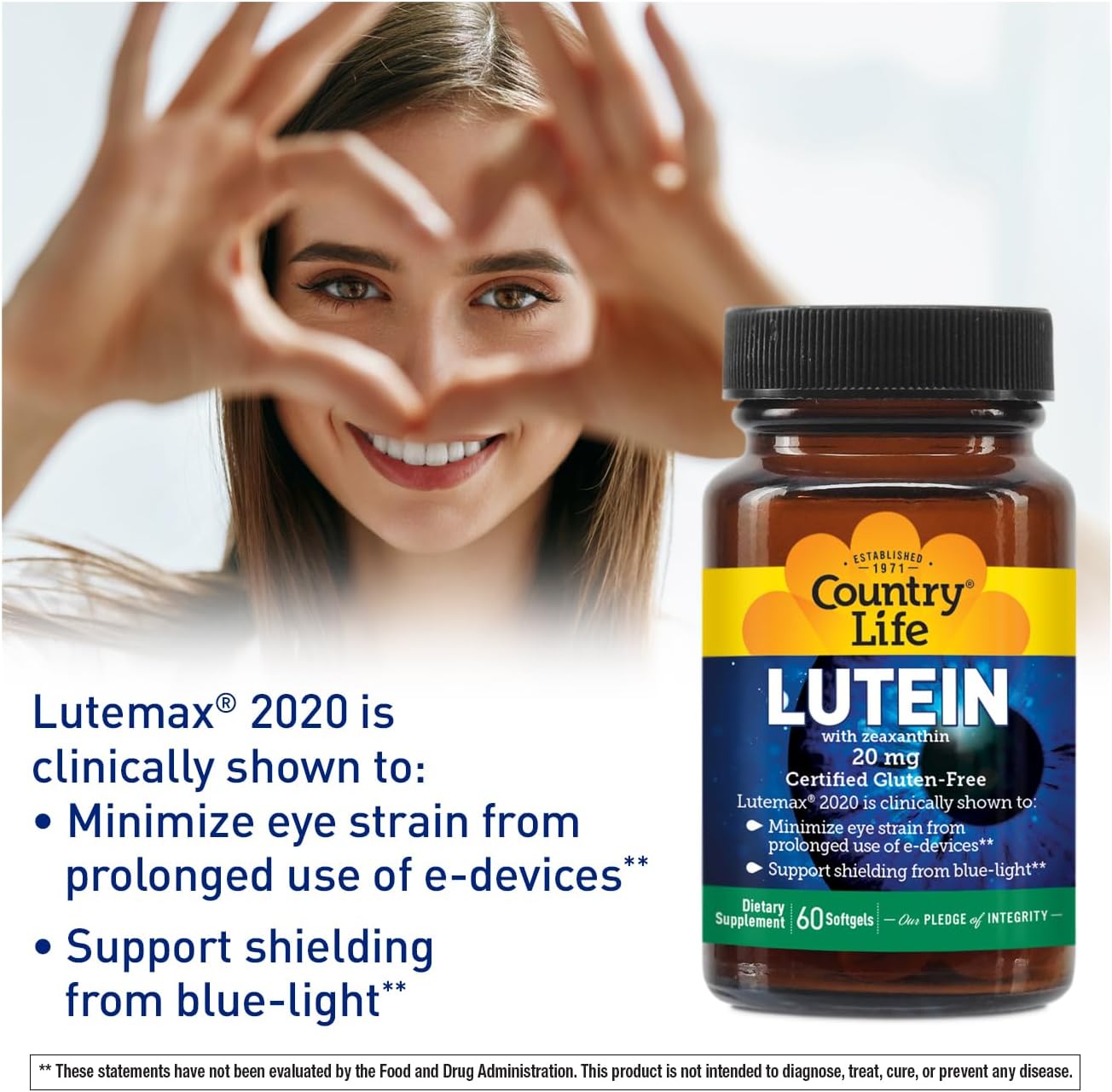 Country Life Lutein 20 mg Supplement - Certified Gluten-Free - Eye Health Support with Lutein and Zeaxanthin - Reduces Eye Strain from Screens - No