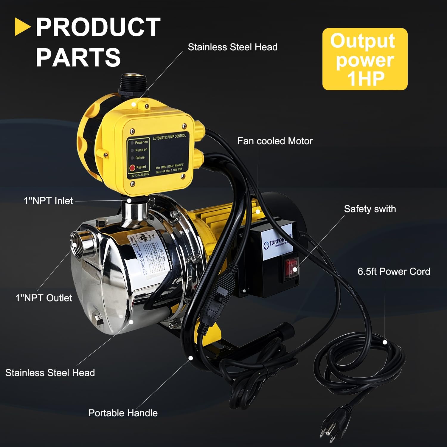 TDRSUPER 1 HP Shallow Well Jet Pump with Automatic Pump Control, Smart Pressure Switch System, Stainless Steel Water Pump for Home Garden Irrigation