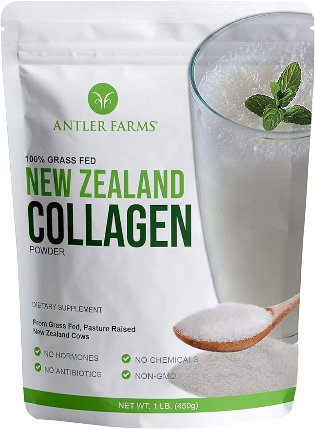 Antler Farms New Zealand Collagen Powder - Grass Fed, Unflavored, 1 lb | 100% Pure Hydrolyzed Collagen Peptides Powder, Cold Water Soluble Peptide
