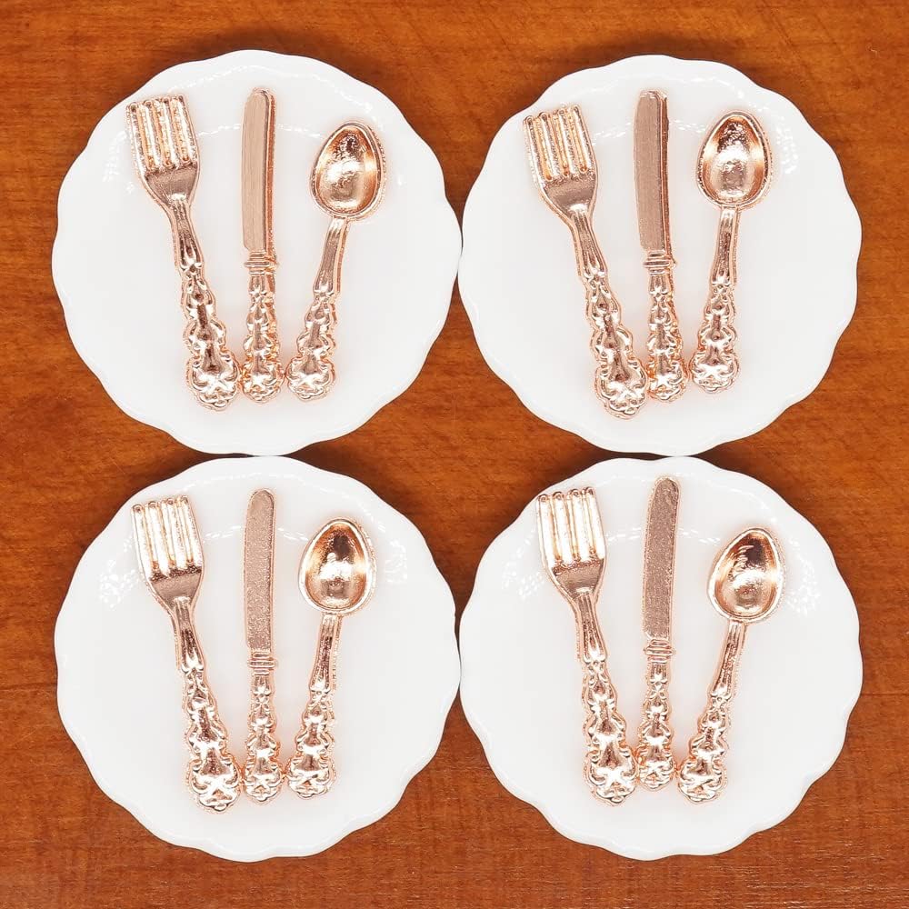 Odoria 1/12 Miniature Plates and Silverware Knife Fork Spoon Set Dollhouse Accessories, Silver