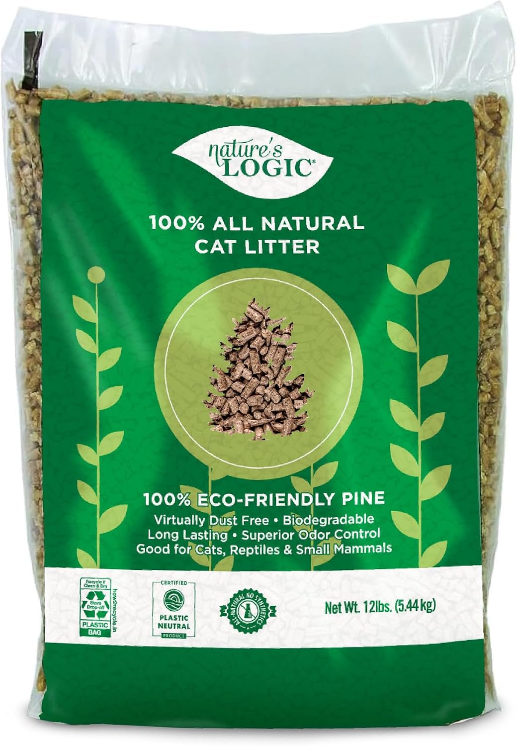 NATURE'S LOGIC Pine Pellet Cat Litter - 100% Natural - Unscented, 12 lb | 100% Natural Pine, Dust-free, Biodegradable, Safe for cats, kittens, reptiles & small pets, Highly absorbent, 12 lb bag
