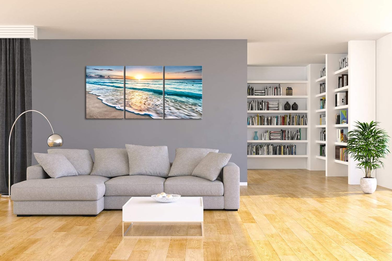 Wieco Art 3 Panel Blue Beach Canvas Wall Art for Home Decor Sunset White Wave Beach Pictures on Canvas Sea View Canvas Prints Artwork for Wall Decor